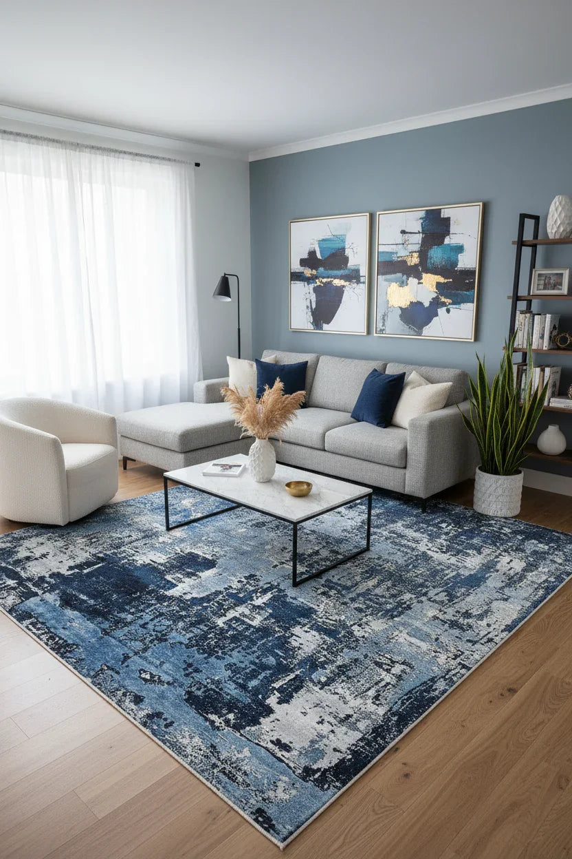 Lacivert ve Beyaz Yoğun Modern Soyut Sanat Halısı