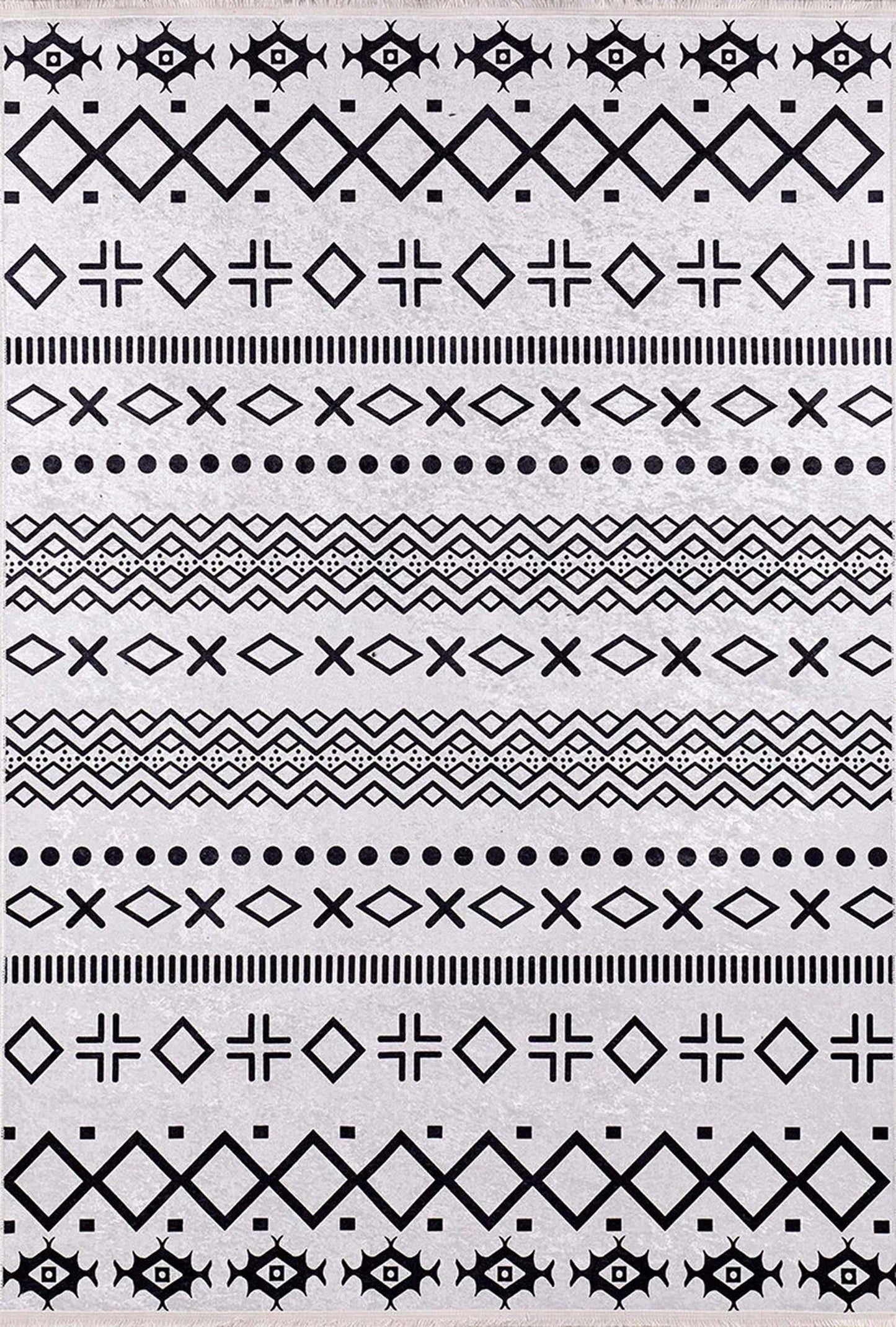 Siyah Beyaz Geometrik Desenli Bohem Halı - Pera Halı
