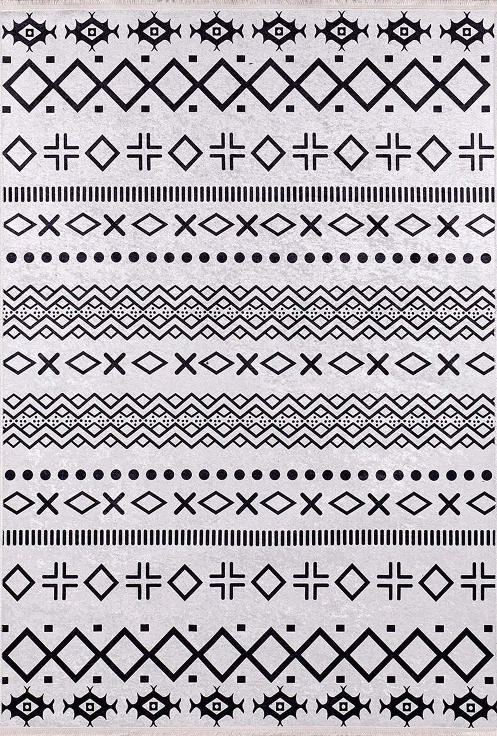 Siyah Beyaz Geometrik Desenli Bohem Halı - Pera Halı