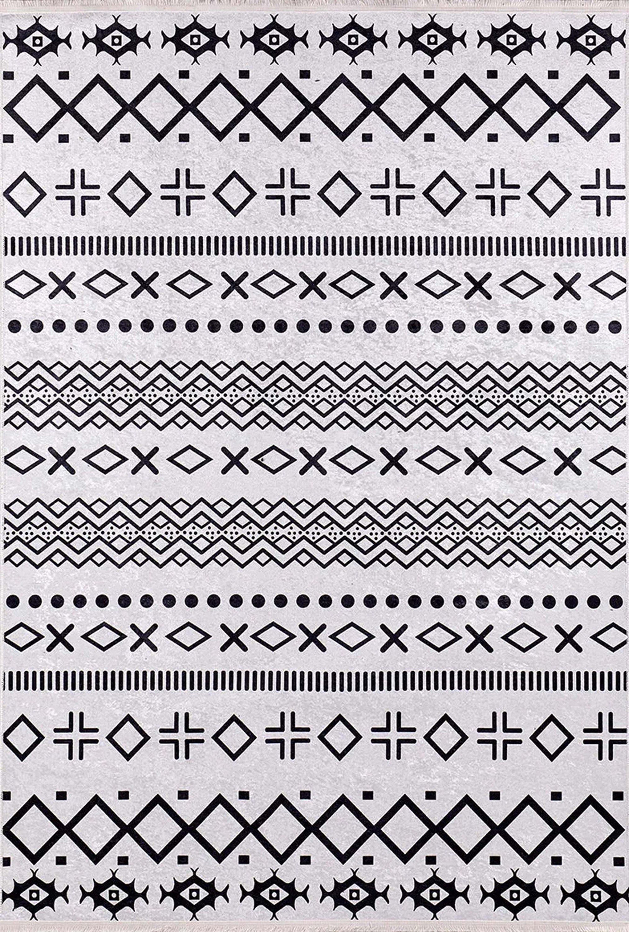 Siyah Beyaz Geometrik Desenli Bohem Halı - Pera Halı