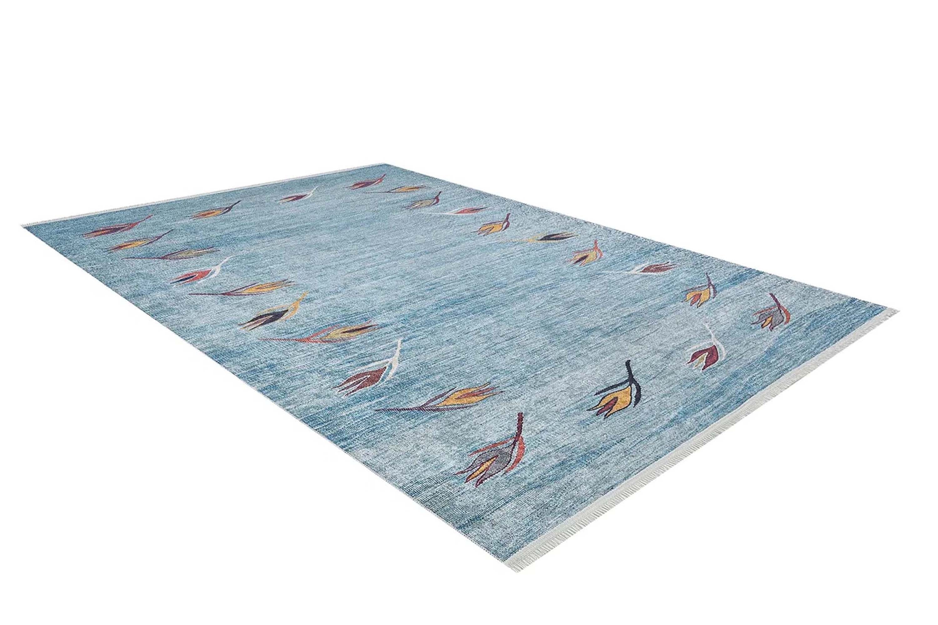Açık Mavi ve Turuncu Yaprak Desenli Anadolu Kilim Halı - Pera Halı