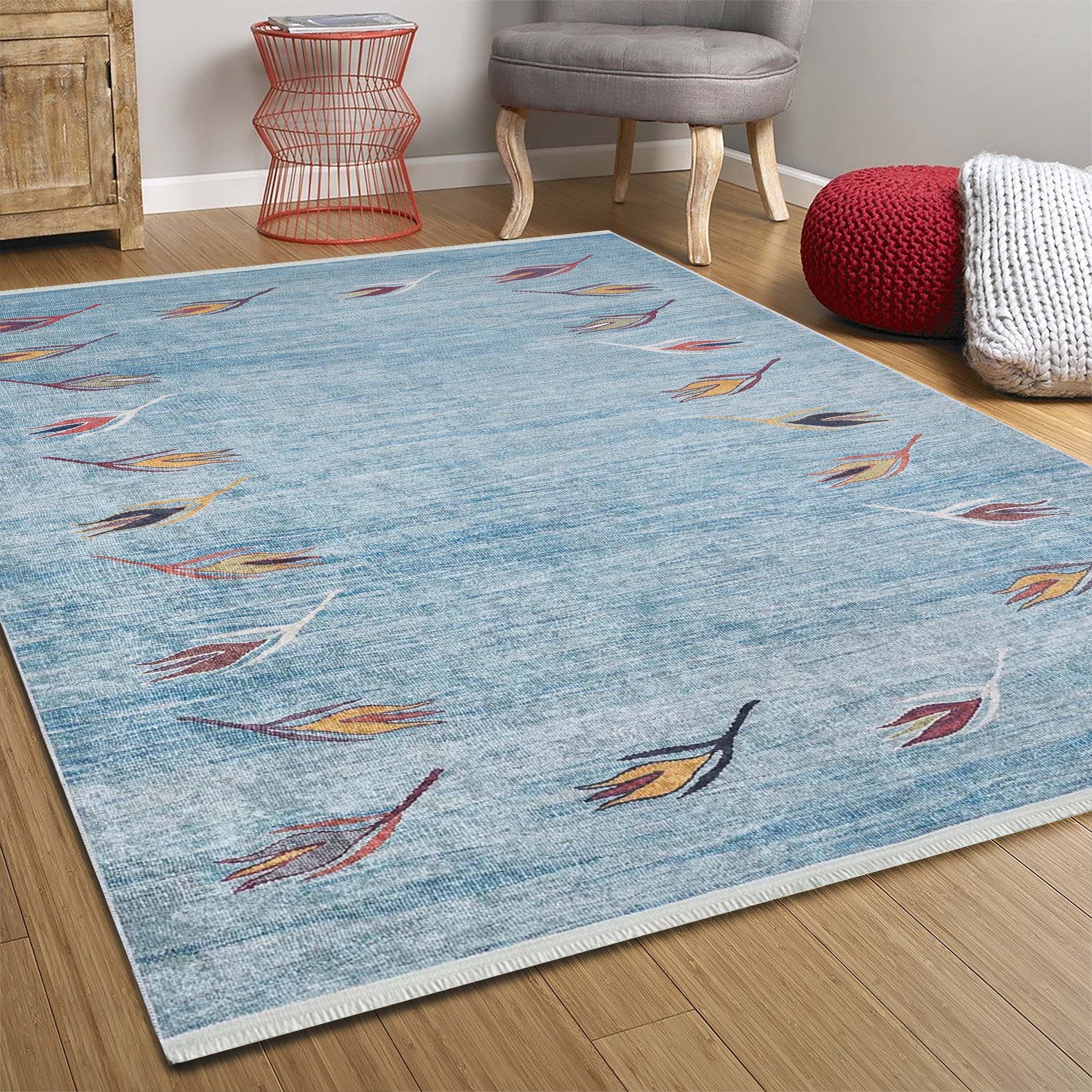 Açık Mavi ve Turuncu Yaprak Desenli Anadolu Kilim Halı - Pera Halı