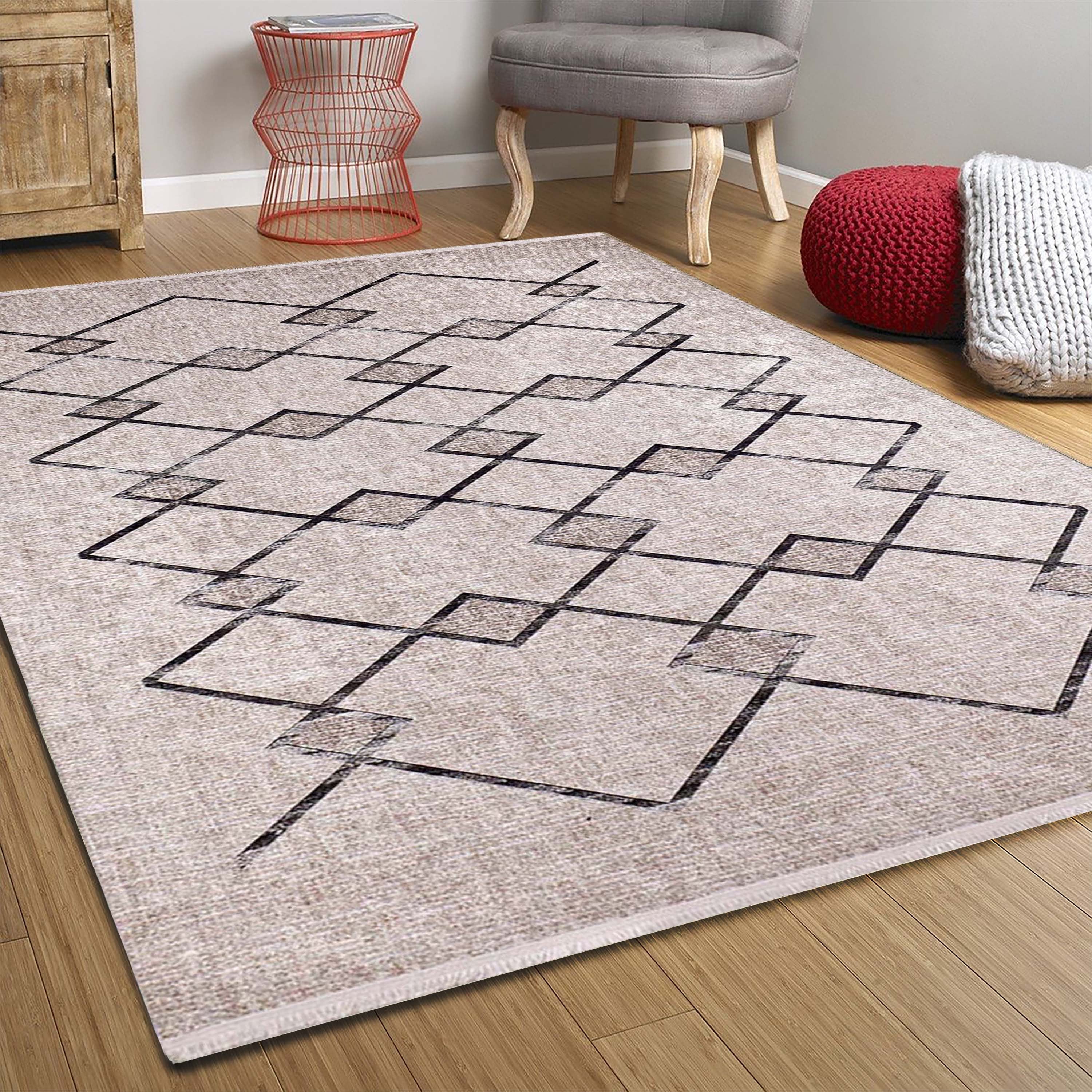 Bohem Bej Siyah Geometrik Desenli Halı - Pera Halı