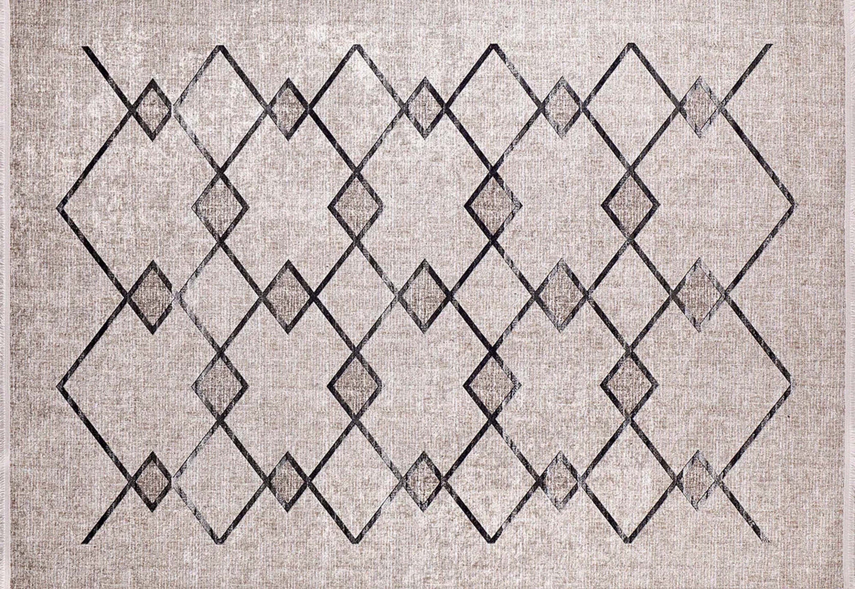 Bohem Bej Siyah Geometrik Desenli Halı - Pera Halı