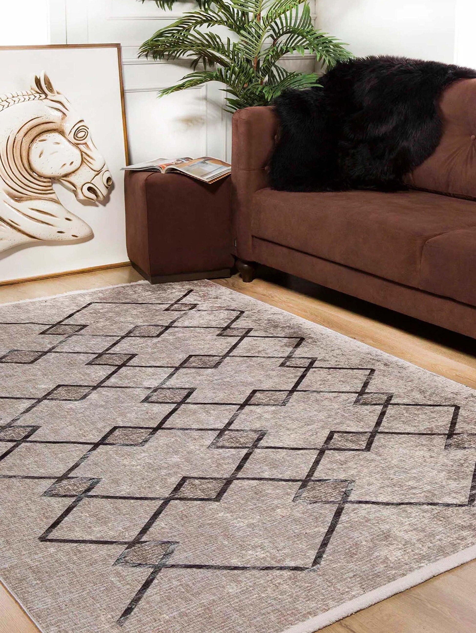 Bohem Bej Siyah Geometrik Desenli Halı - Pera Halı