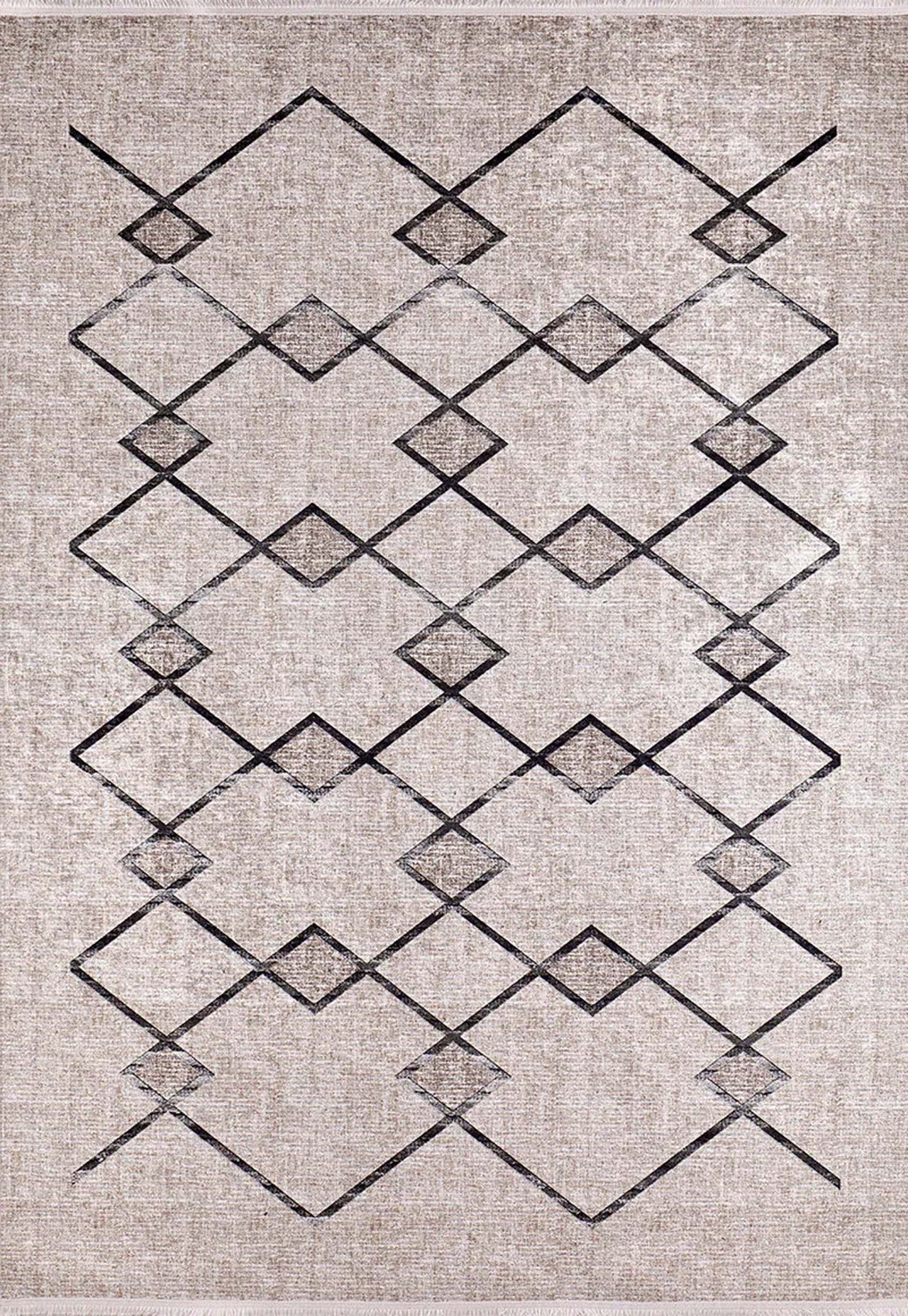 Bohem Bej Siyah Geometrik Desenli Halı - Pera Halı