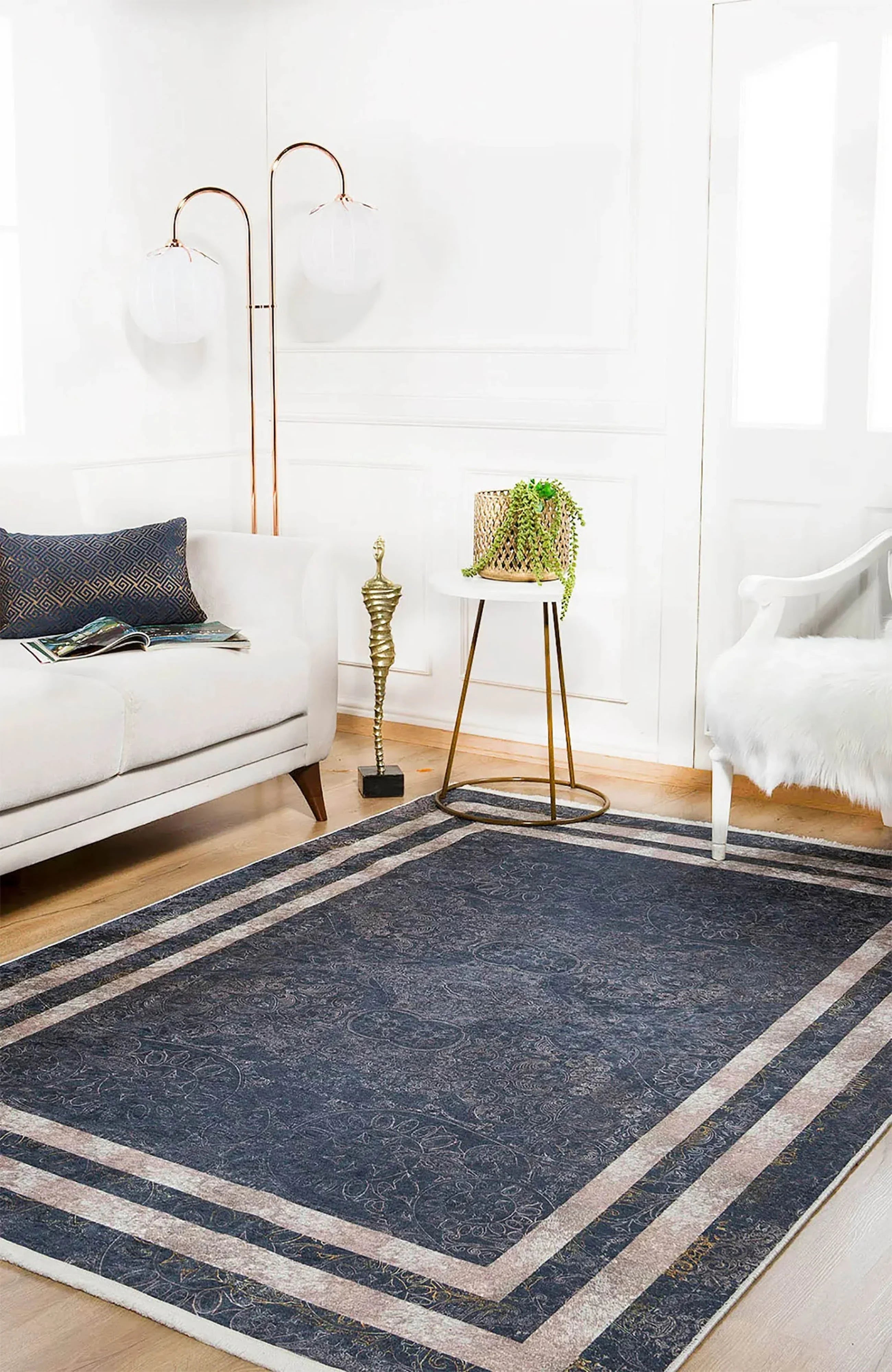 Lüks Eskitme Lacivert Damask Gümüş Gri Çerçeveli Bordürlü Halı-Pera Halı