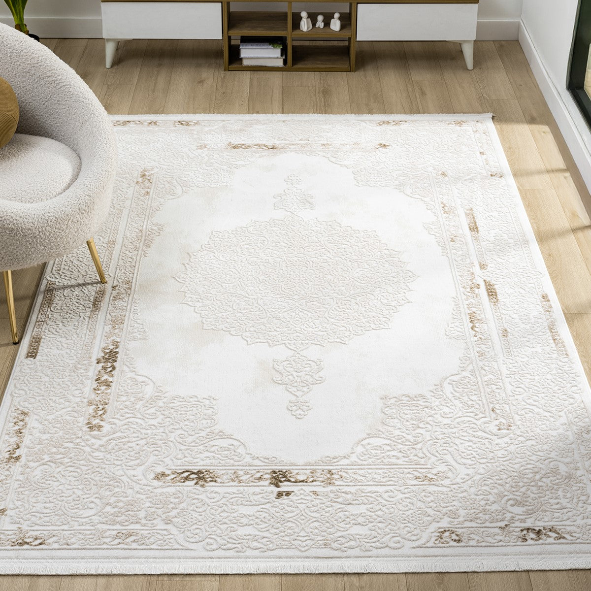 Lüks Krem Kahve Medallion Desenli Halı-Pera Halı