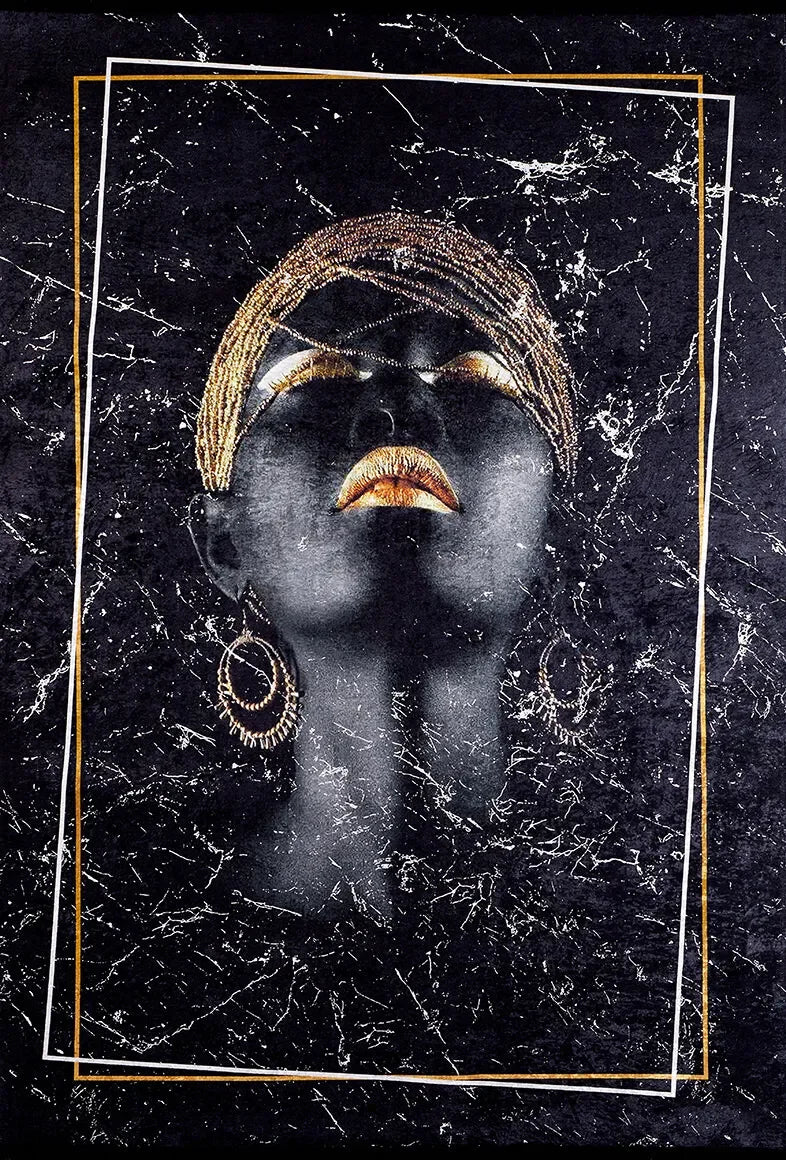 Lüks Siyah Altın Efektli Kadın Portresi Sanatsal Halı-Pera Halı