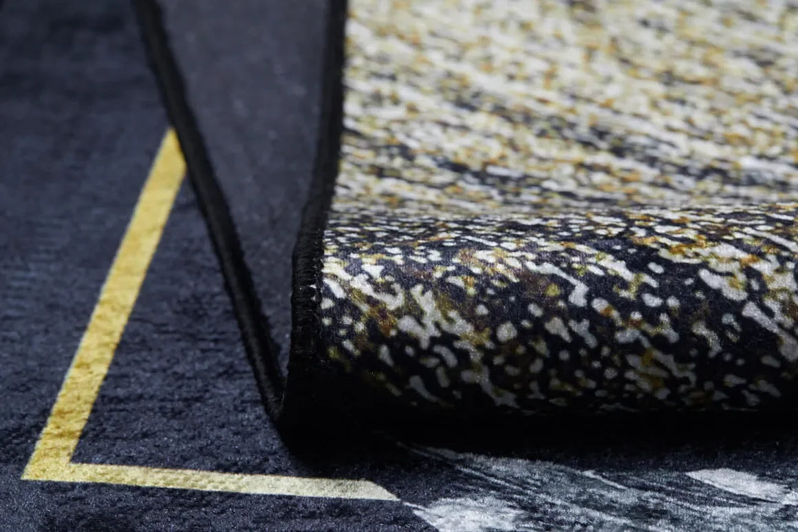 Lüks Siyah Altın Tropikal Yaprak Desenli Modern Halı-Pera Halı