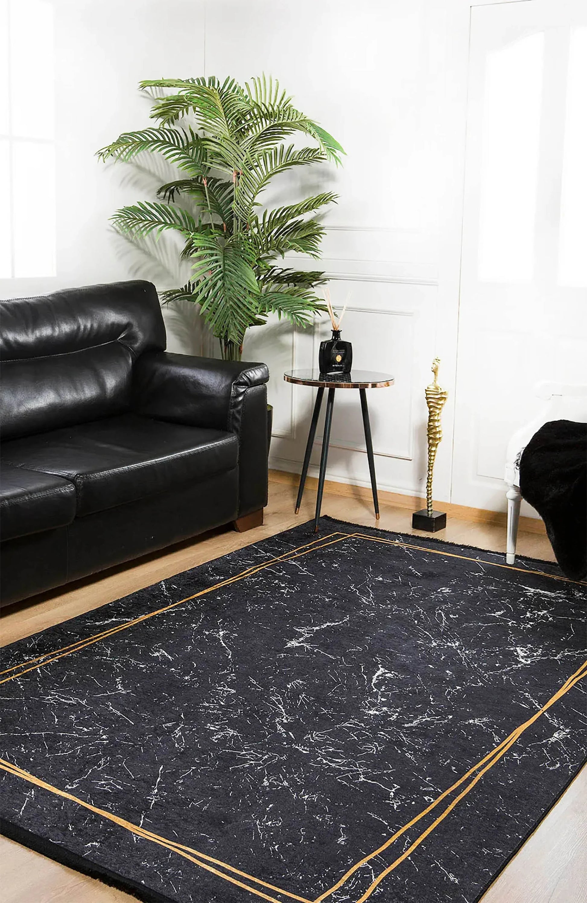 Lüks Siyah Mermer Desenli İnce Gold Bordürlü Halı-Pera Halı