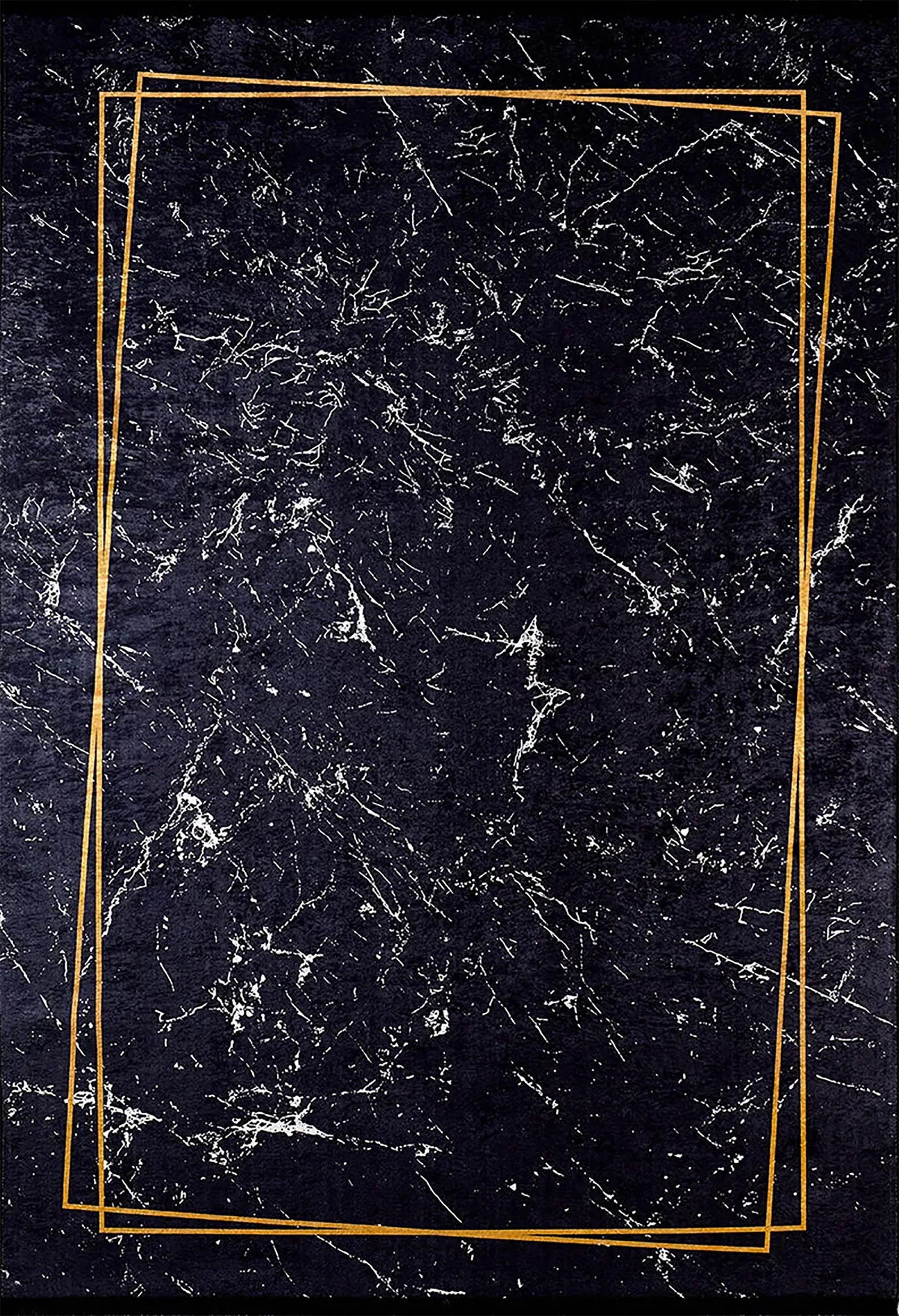 Lüks Siyah Mermer Desenli İnce Gold Bordürlü Halı-Pera Halı