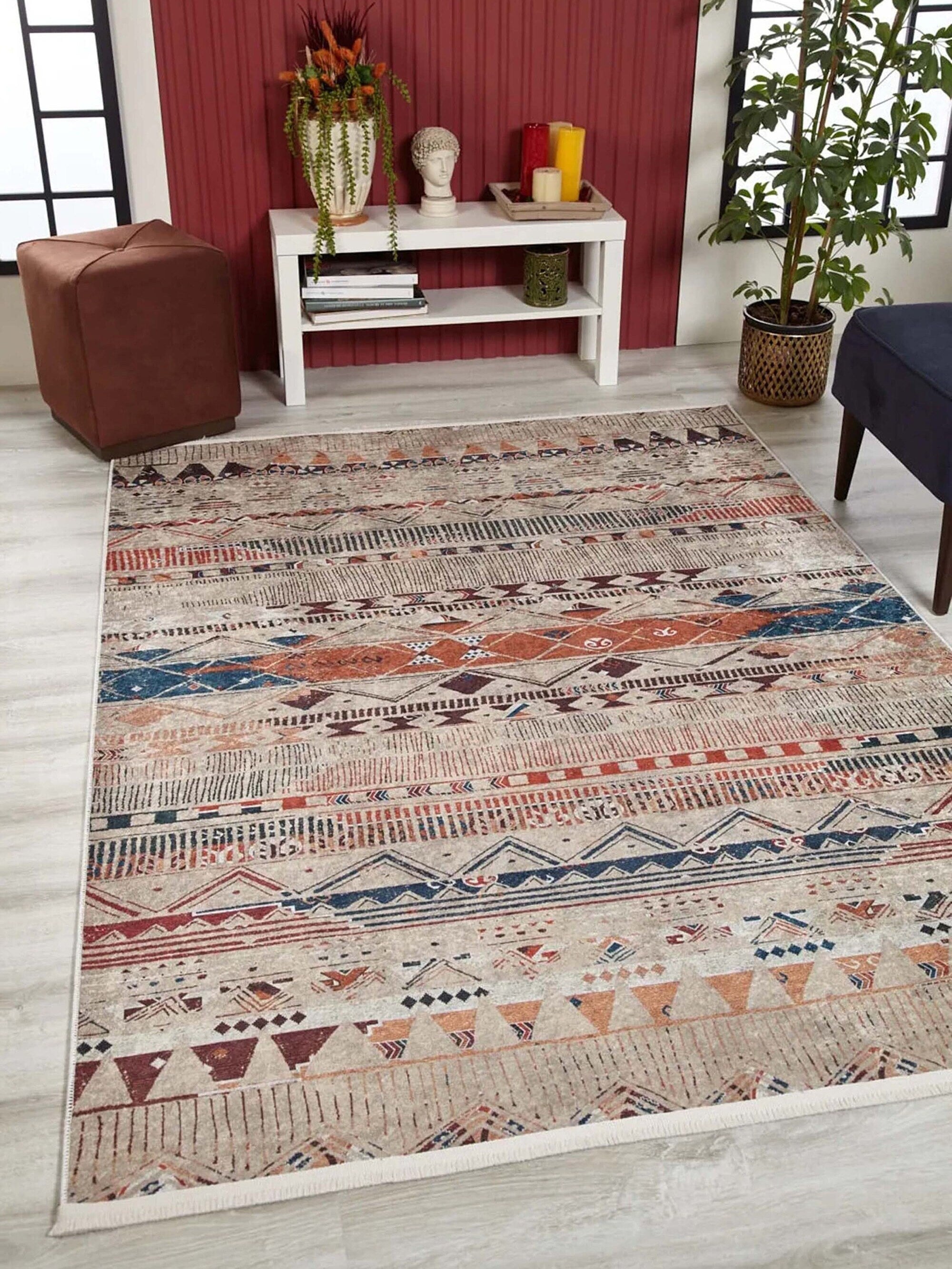Gri Bej Renkli Geometrik Desenli Anadolu Kilim Halı - Pera Halı