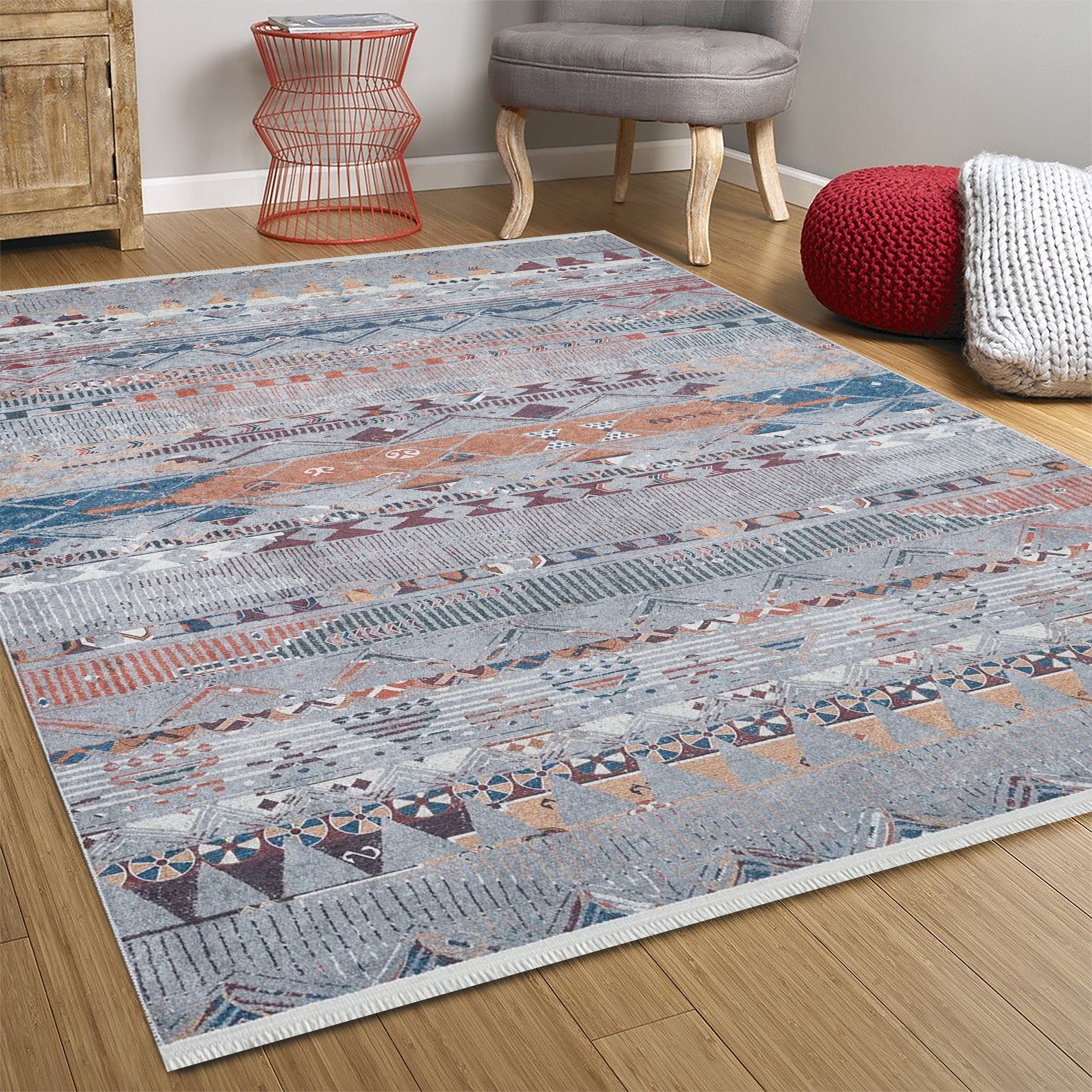Gri Bej Renkli Geometrik Desenli Anadolu Kilim Halı - Pera Halı