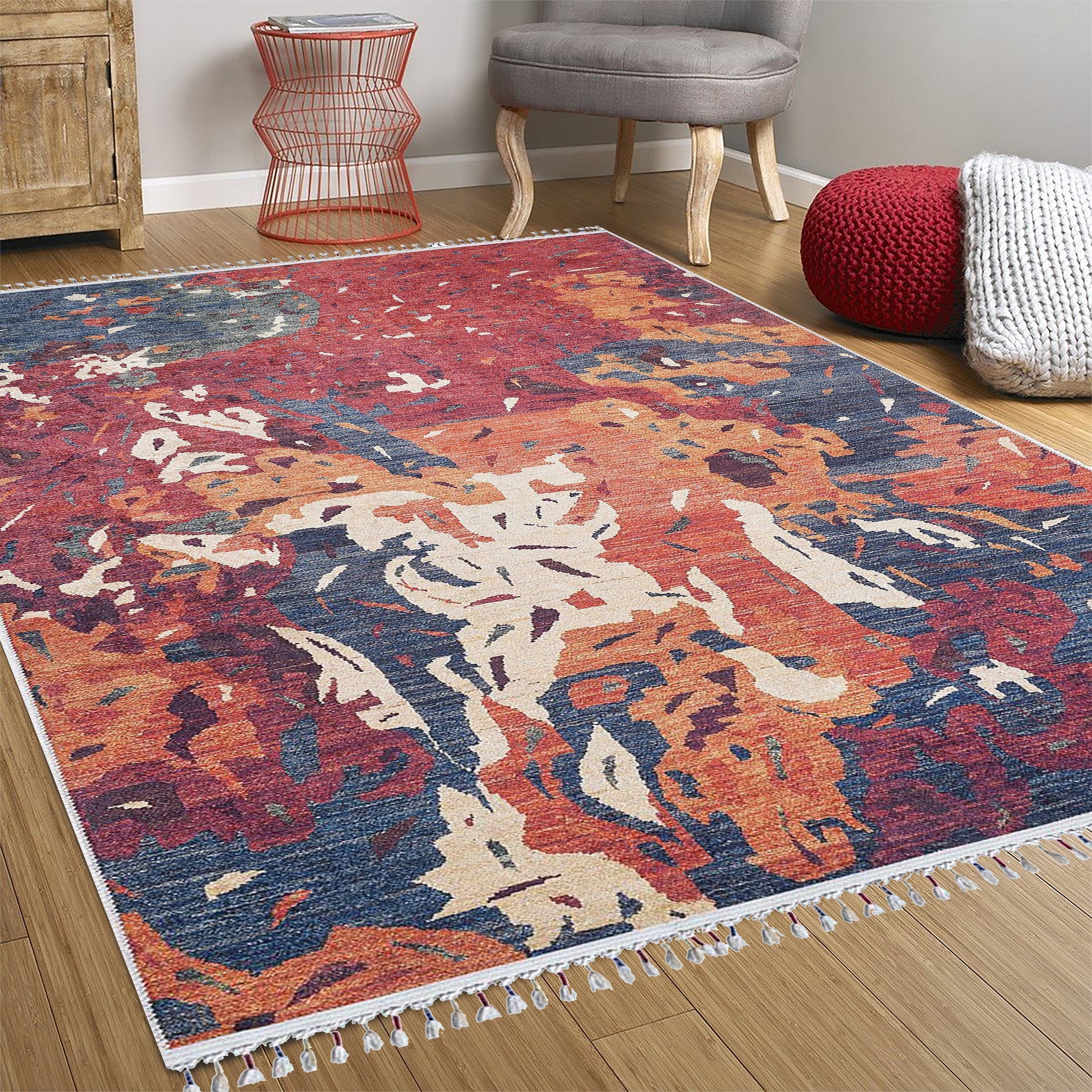 Modern Kırmızı Bej Mavi Turuncu Abstract Desenli Halı - Pera Halı
