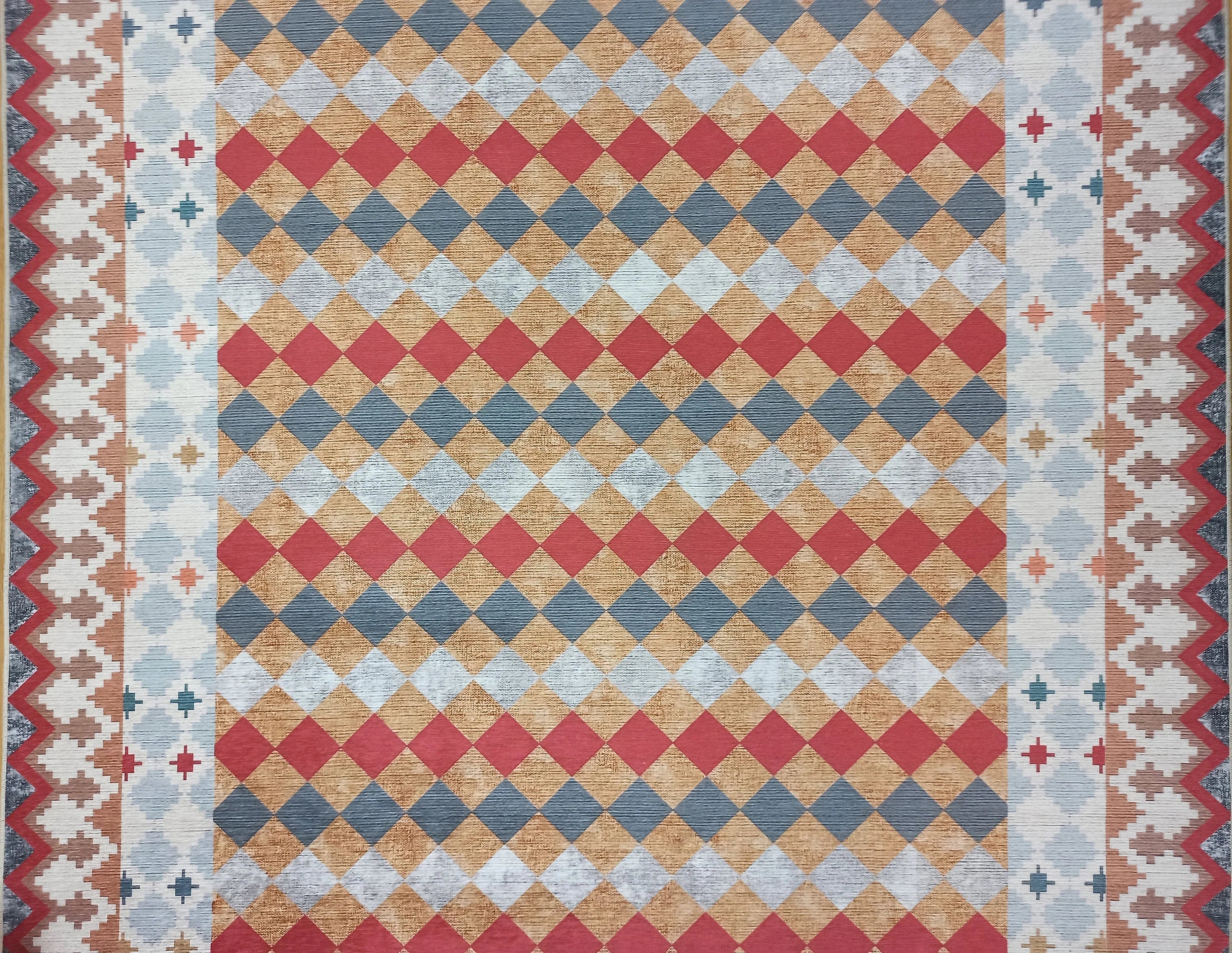 Kiremit ve Hardal Dama Desenli Çok Renkli Kilim Halı