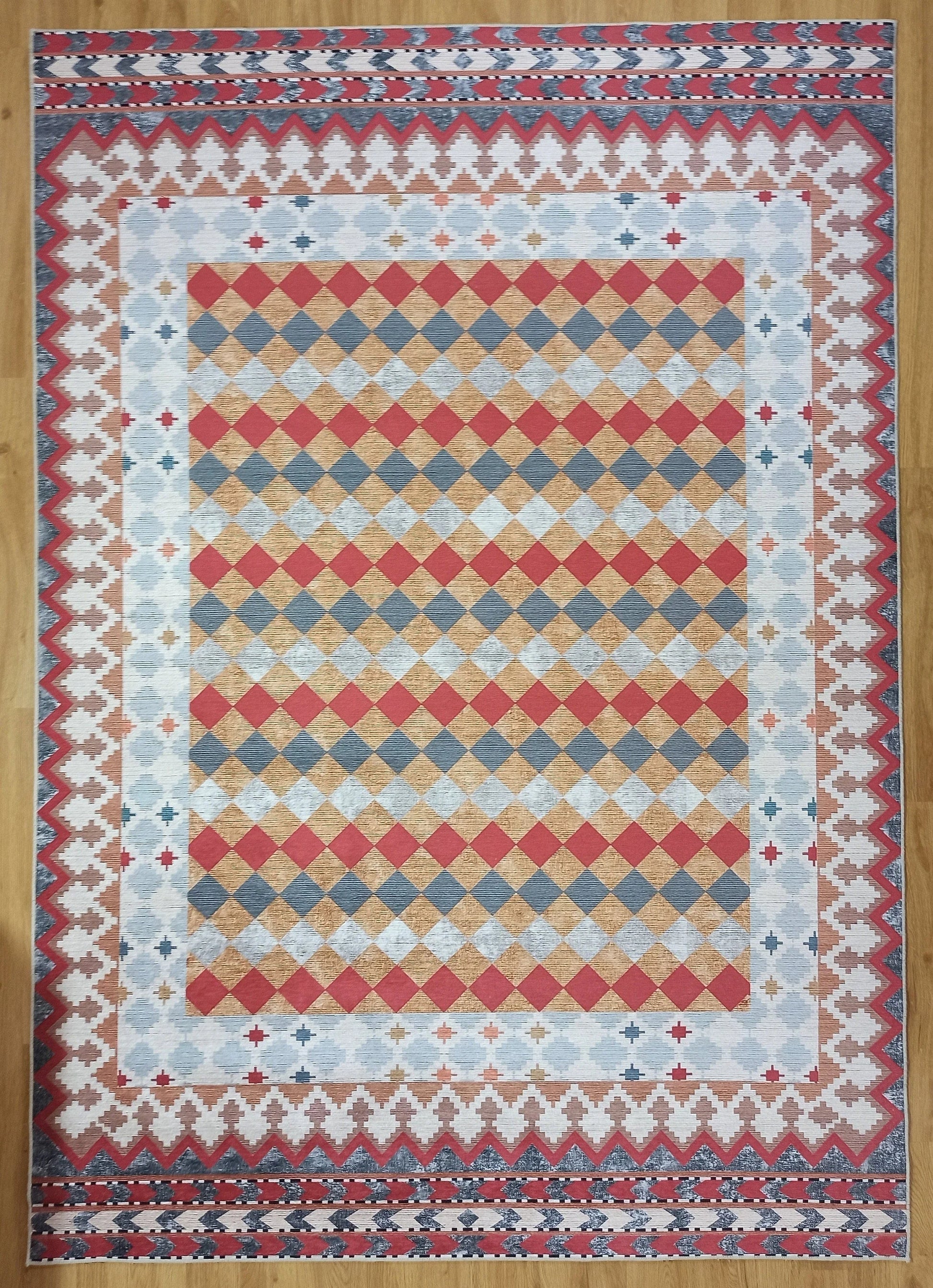 Kiremit ve Hardal Dama Desenli Çok Renkli Kilim Halı