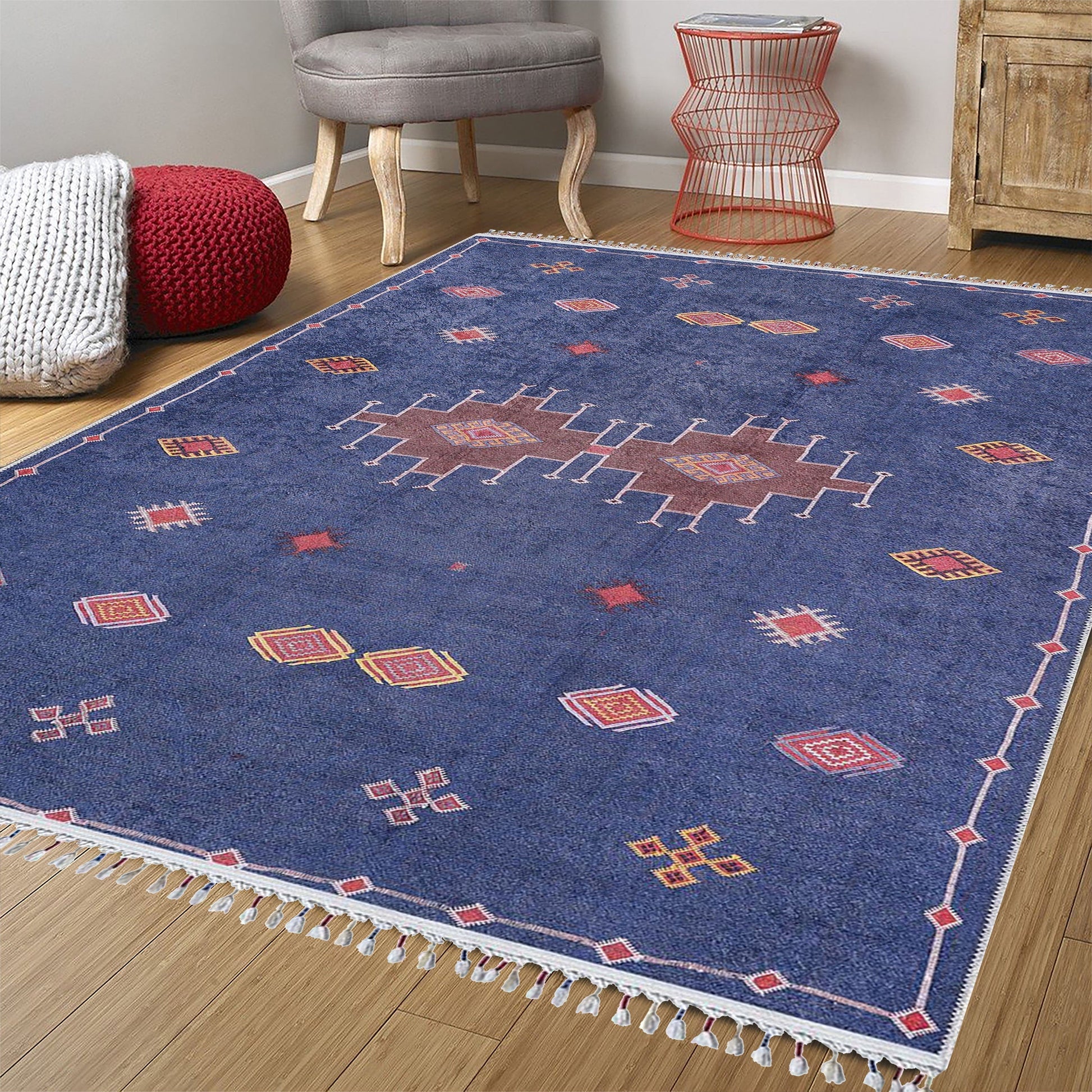 Lacivert Kırmızı Geometrik Desenli Anadolu Kilim Halı - Pera Halı