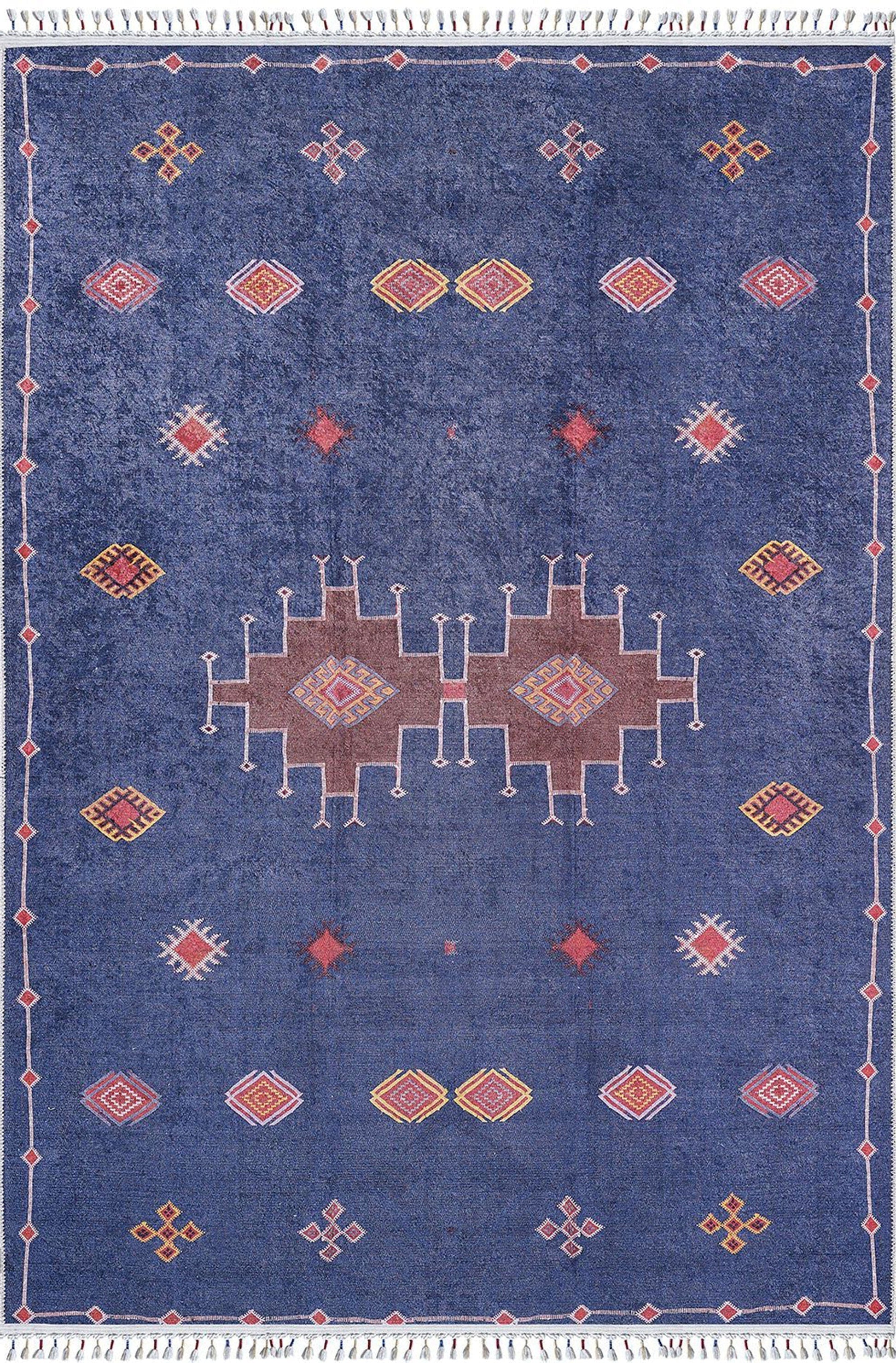 Lacivert Kırmızı Geometrik Desenli Anadolu Kilim Halı - Pera Halı