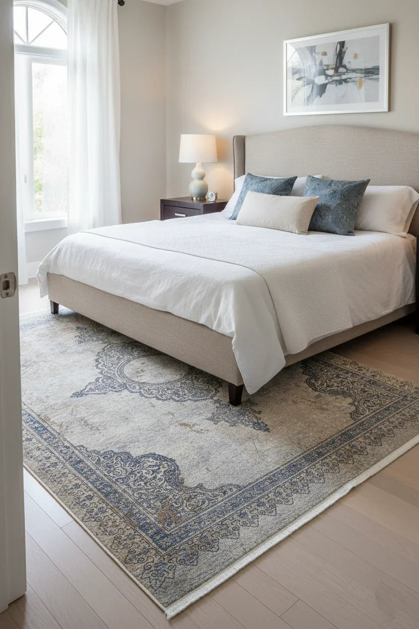 Mavi Bej Klasik Medalyon Vintage Eskitme Desenli Yıkanabilir Halı-Pera Halı