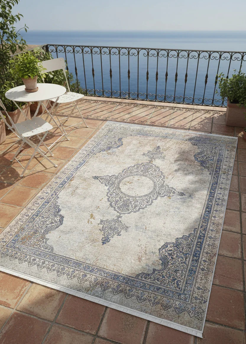 Mavi Bej Klasik Medalyon Vintage Eskitme Desenli Yıkanabilir Halı-Pera Halı