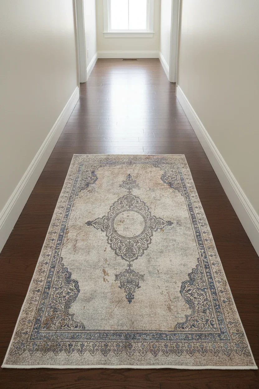 Mavi Bej Klasik Medalyon Vintage Eskitme Desenli Yıkanabilir Halı-Pera Halı