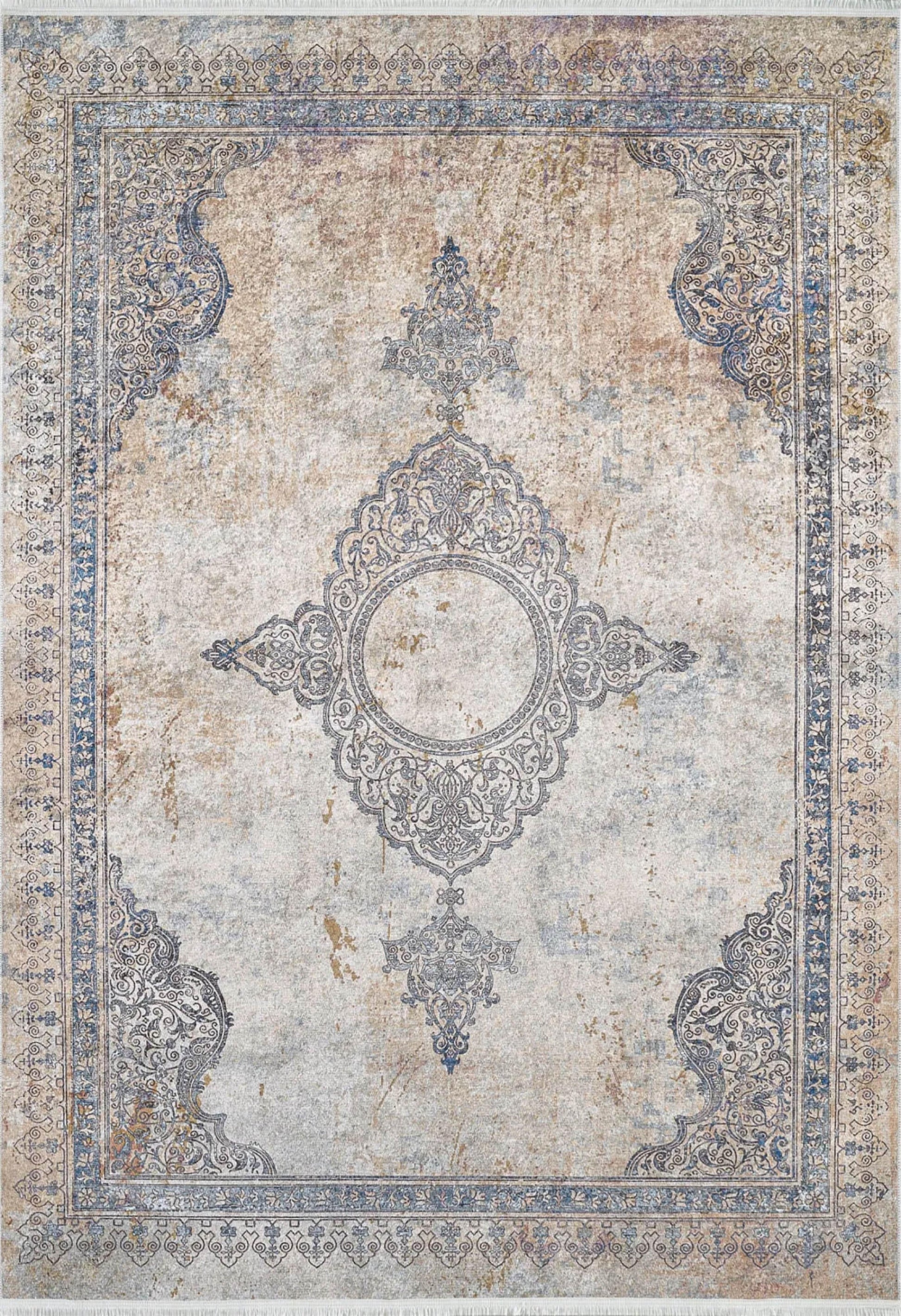 Mavi Bej Klasik Medalyon Vintage Eskitme Desenli Yıkanabilir Halı-Pera Halı