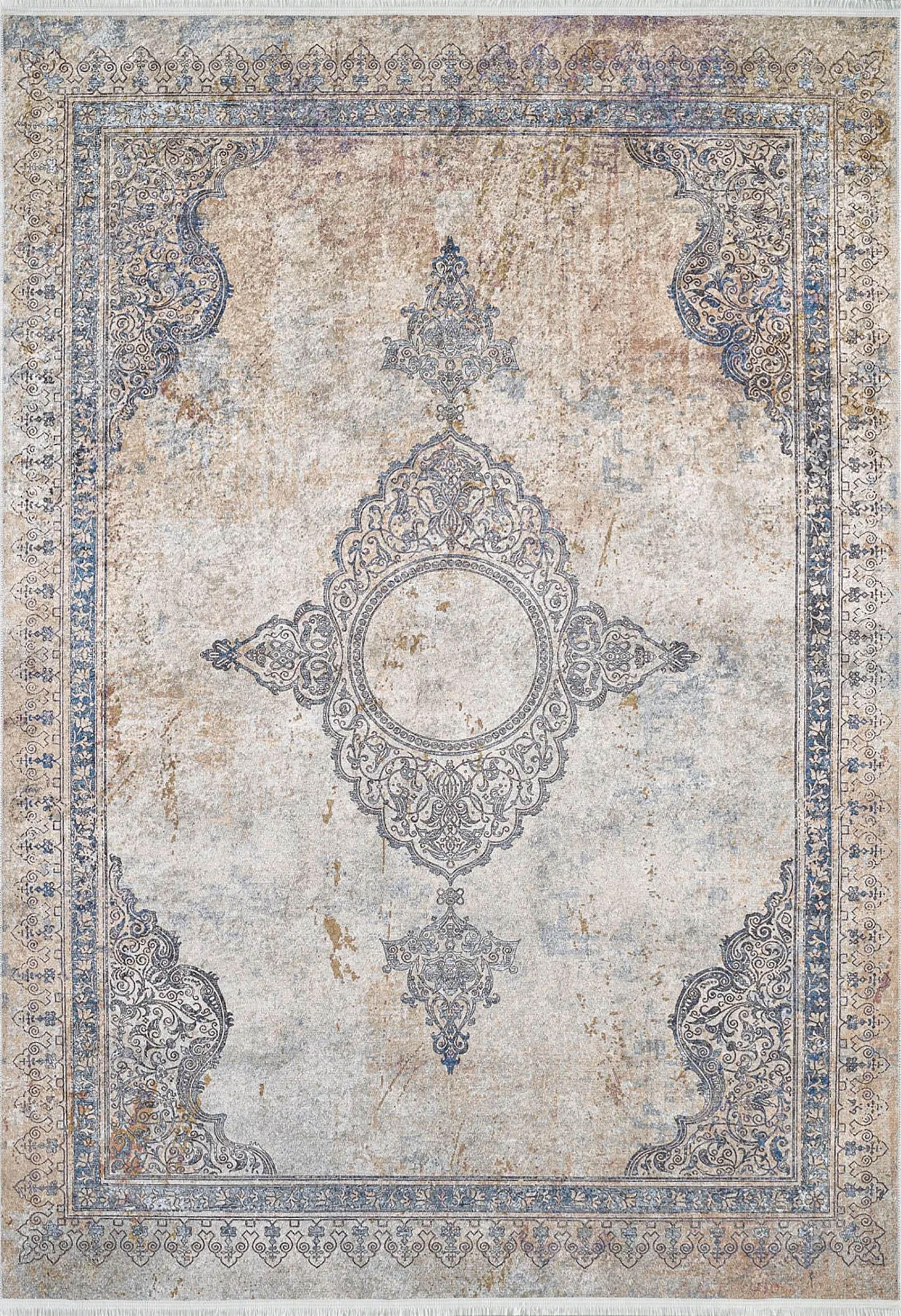 Mavi Bej Klasik Medalyon Vintage Eskitme Desenli Yıkanabilir Halı-Pera Halı