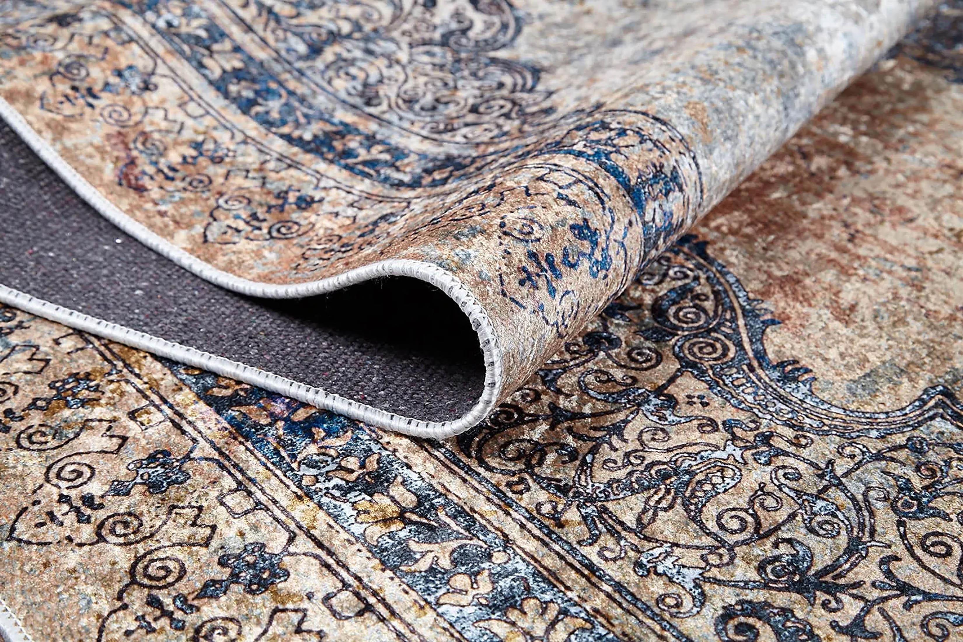 Mavi Bej Klasik Medalyon Vintage Eskitme Desenli Yıkanabilir Halı-Pera Halı