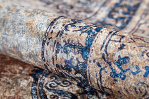 Mavi Bej Klasik Medalyon Vintage Eskitme Desenli Yıkanabilir Halı