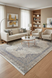 Mavi Bej Klasik Medalyon Vintage Eskitme Desenli Yıkanabilir Halı-Pera Halı