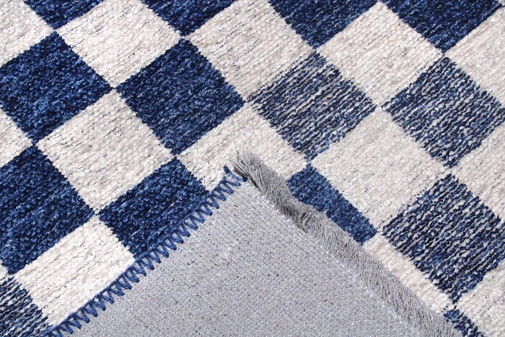 Mavi Beyaz Modern Geometrik Dama Desenli Yıkanabilir Halı-Pera Halı