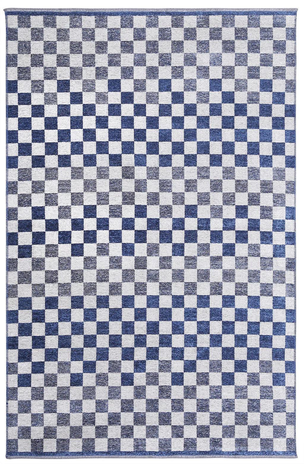 Mavi Beyaz Modern Geometrik Dama Desenli Yıkanabilir Halı-Pera Halı