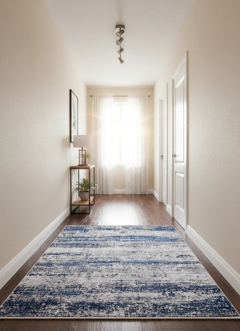 Mavi, Beyaz ve Gri Modern Soyut Sanat Halısı-Pera Halı