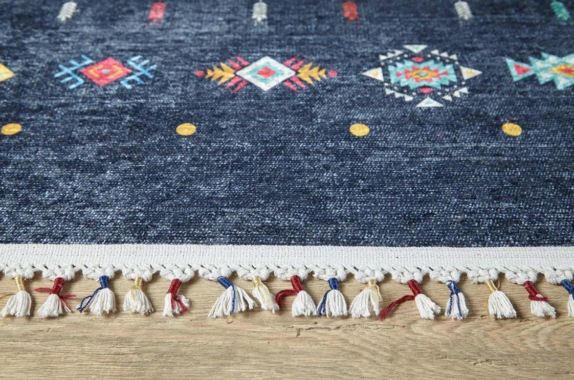 Mavi Çok Renkli Etnik Desenli Modern Kilim Halı-Pera Halı