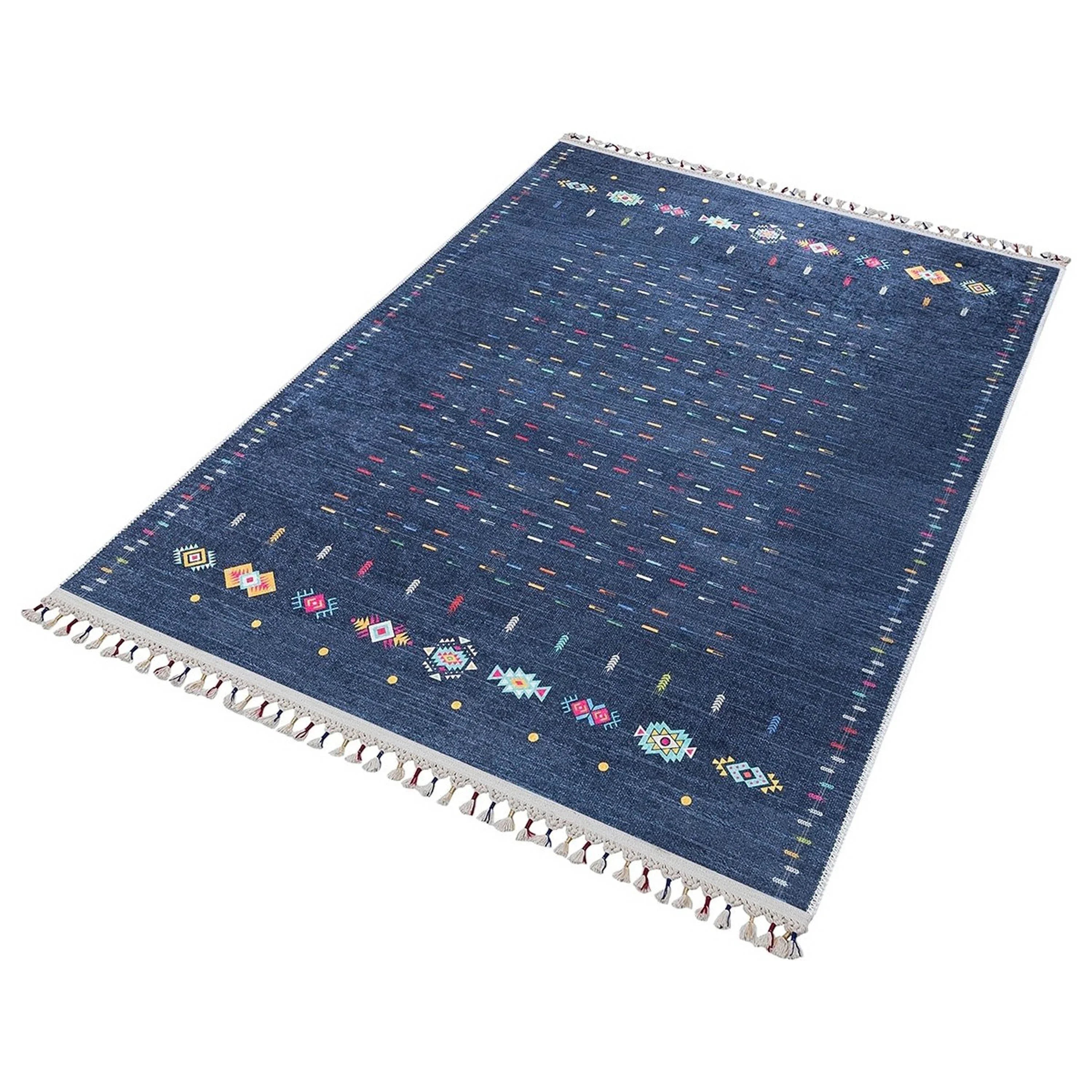 Mavi Çok Renkli Etnik Desenli Modern Kilim Halı-Pera Halı