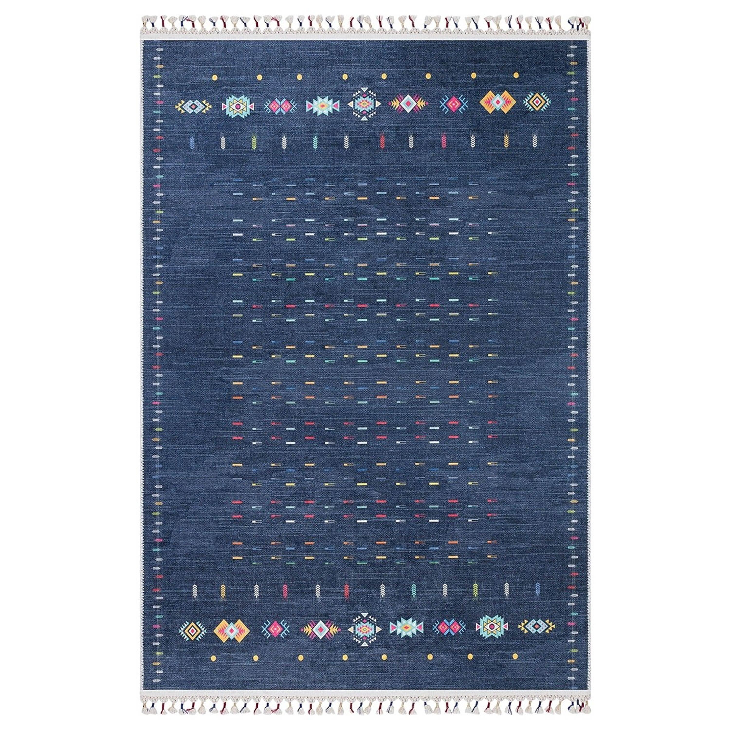 Mavi Çok Renkli Etnik Desenli Modern Kilim Halı-Pera Halı