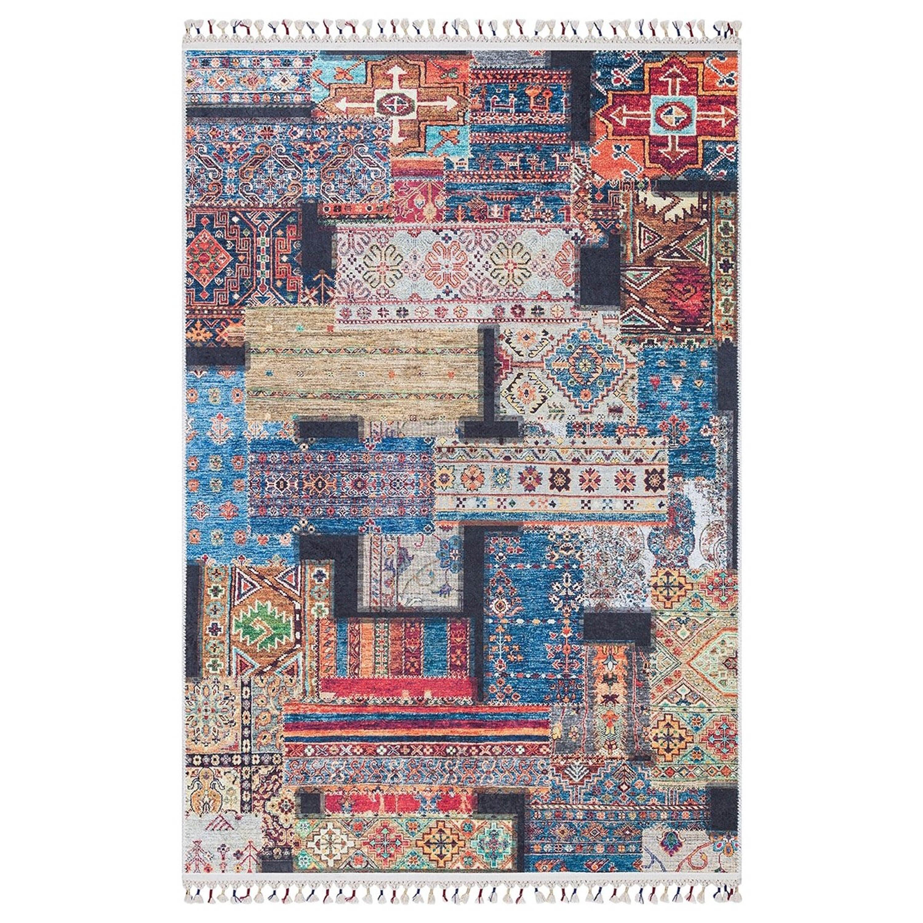 Mavi Çok Renkli Patchwork Görünümlü Vintage Kilim Halı