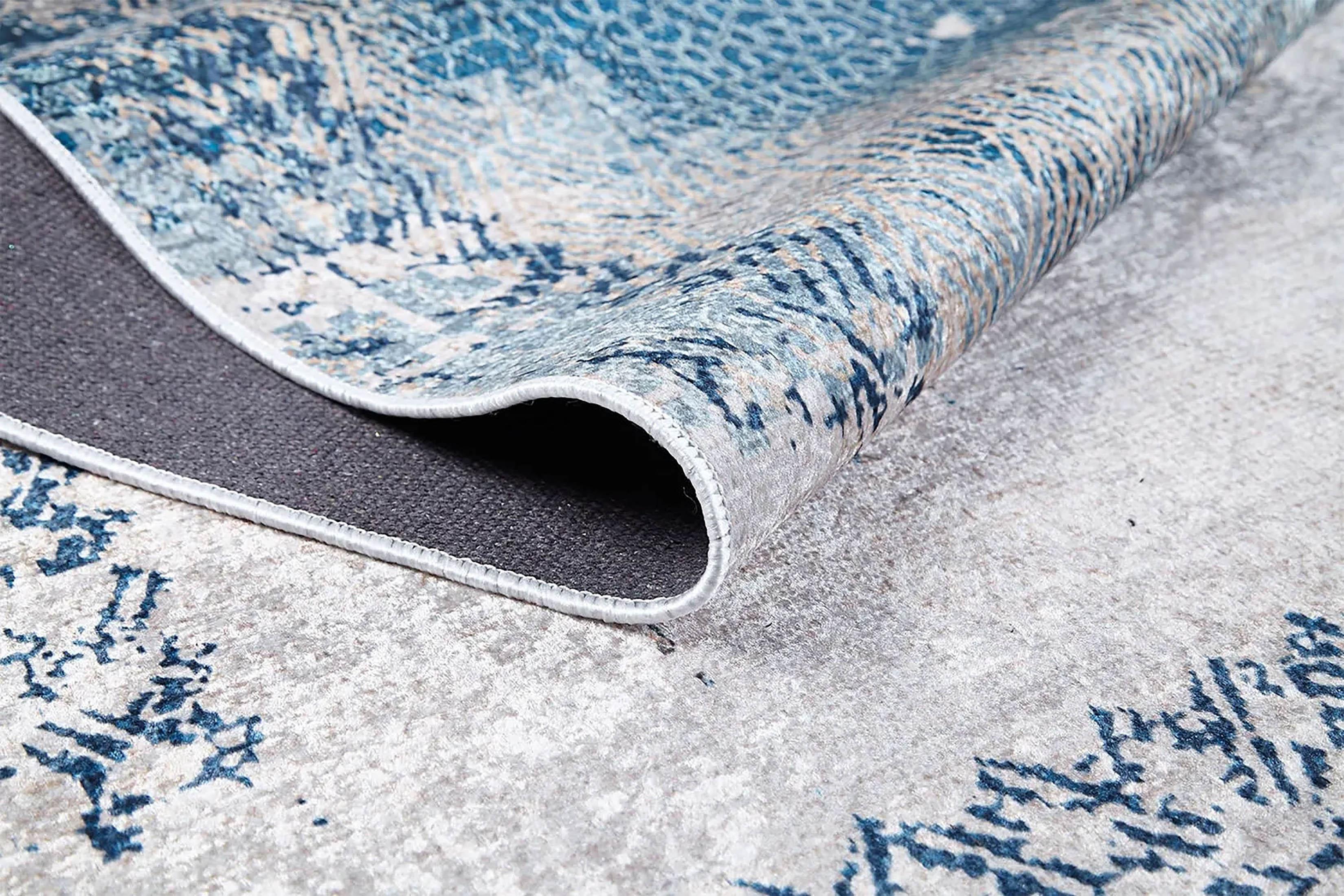 Mavi Eskitme Desenli Bordürlü Modern Yıkanabilir Halı-Pera Halı