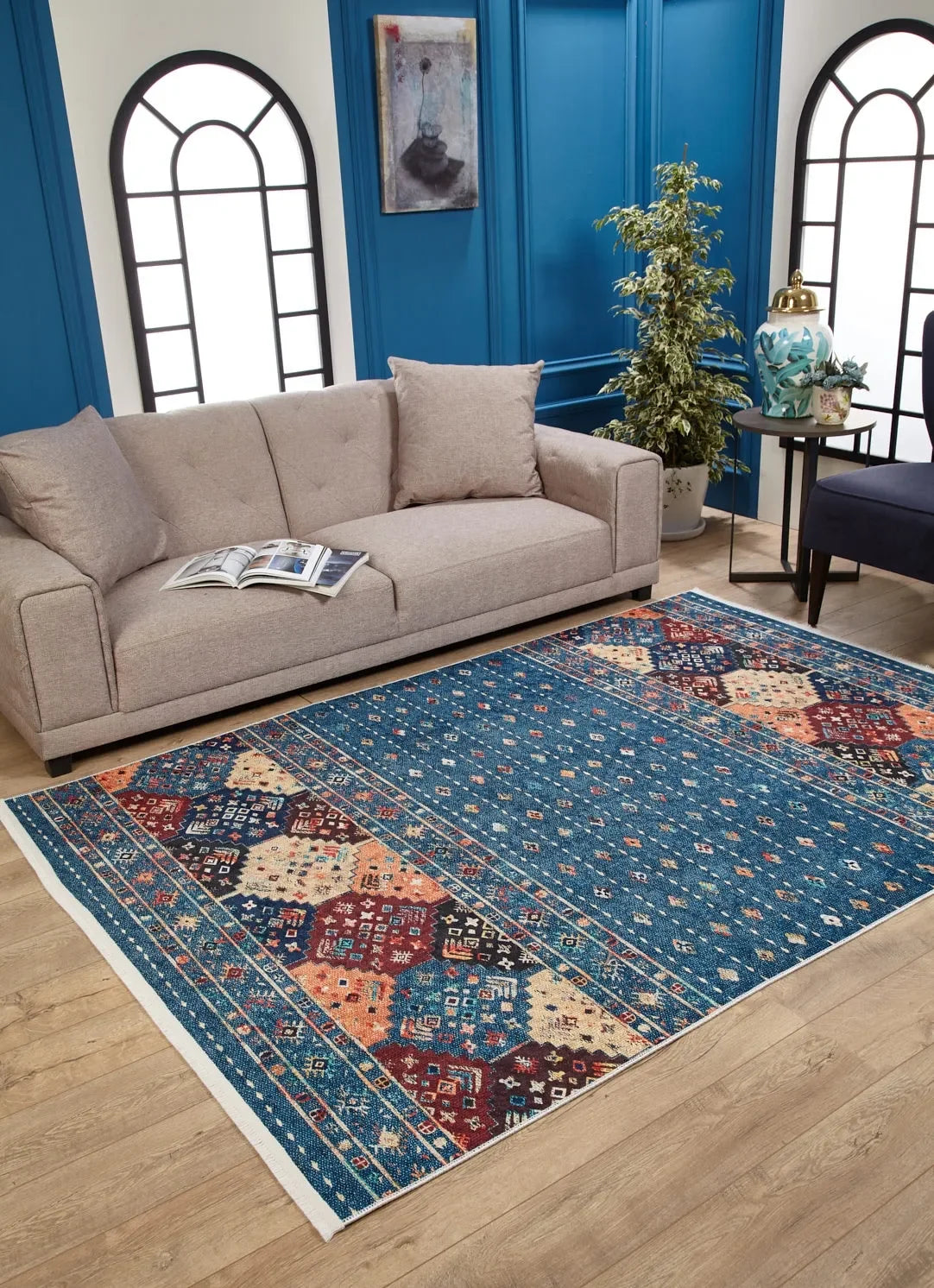 Mavi Etnik Şerit Desenli Modern Halı