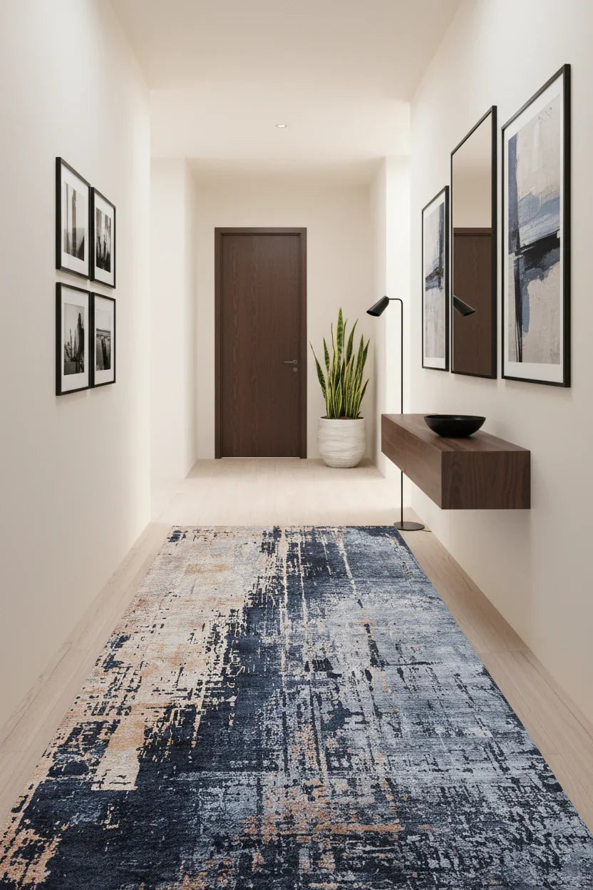 Mavi Füme ve Bej Tonlarında Modern Soyut Sanat Halısı-Pera Halı