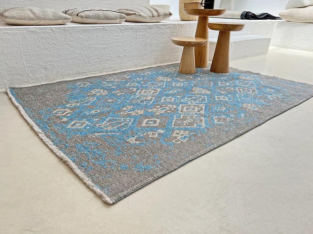 Mavi Gri Çift Taraflı Modern Vintage Yıkanabilir Antibakteriyel Halı-Pera Halı