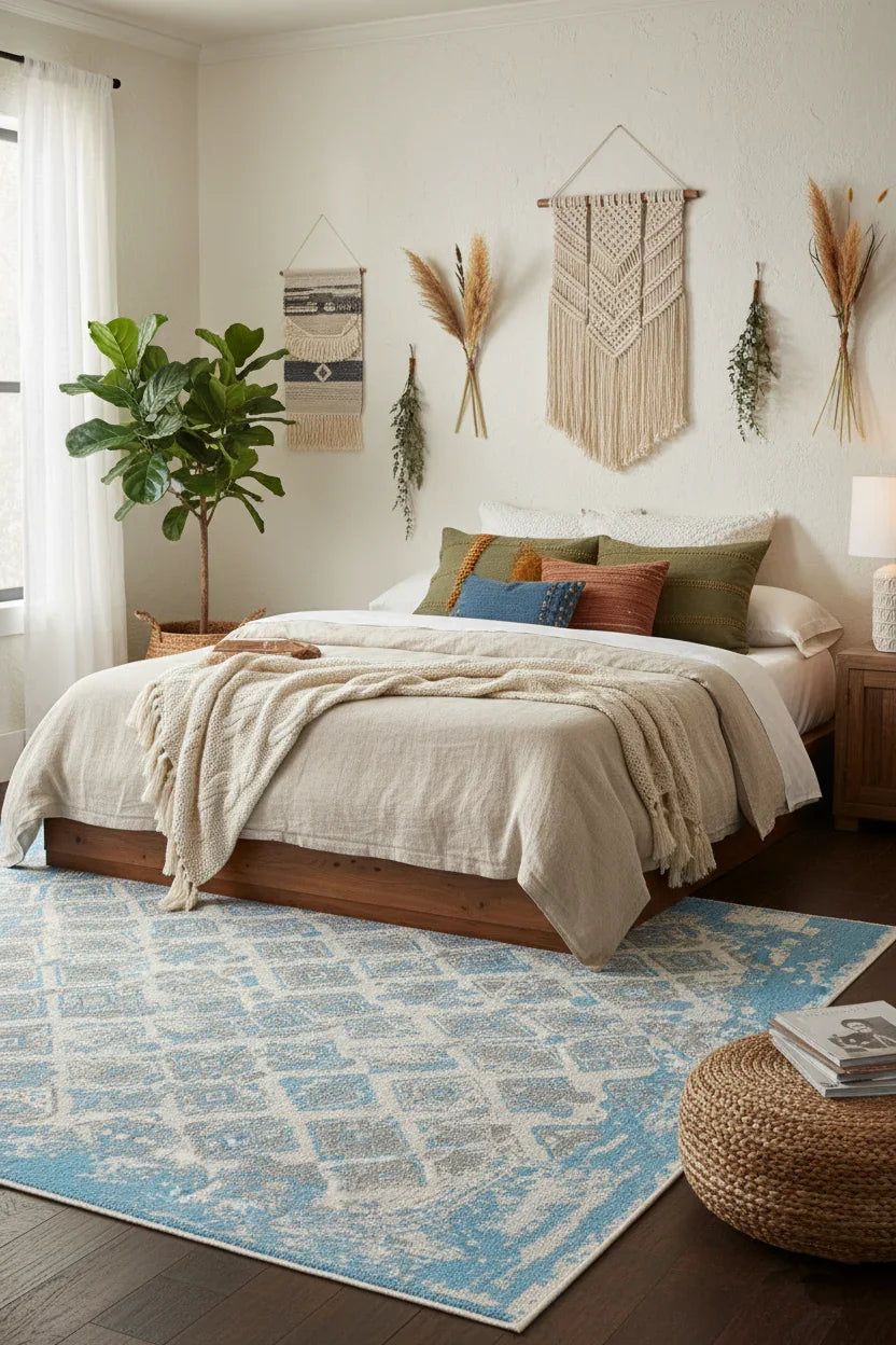 Mavi Gri Çift Taraflı Modern Vintage Yıkanabilir Antibakteriyel Halı-Pera Halı