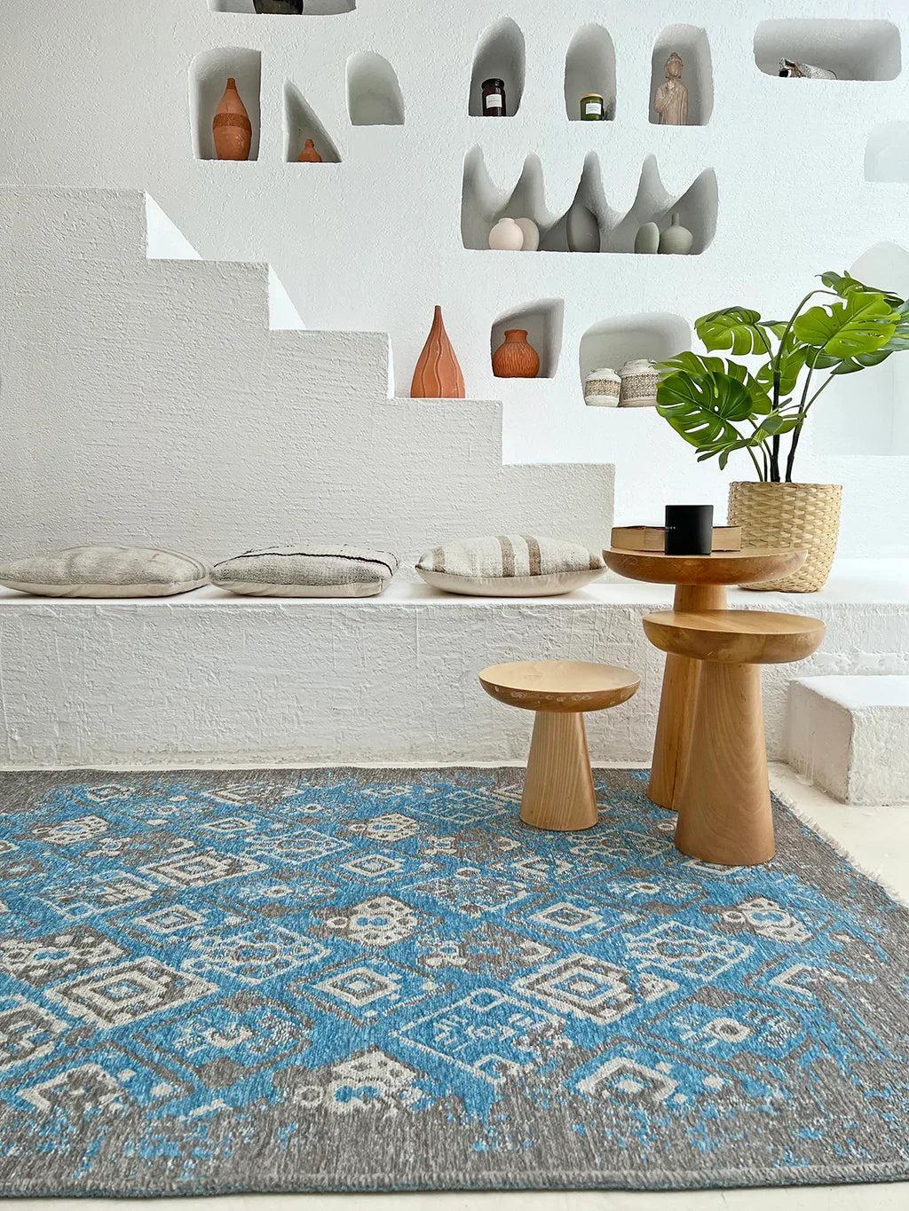 Mavi Gri Çift Taraflı Modern Vintage Yıkanabilir Antibakteriyel Halı-Pera Halı