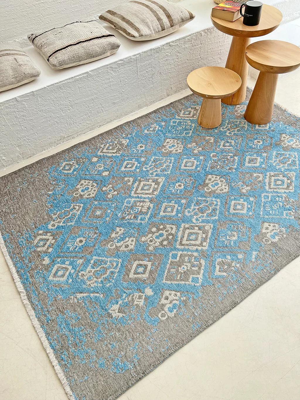 Mavi Gri Çift Taraflı Modern Vintage Yıkanabilir Antibakteriyel Halı-Pera Halı