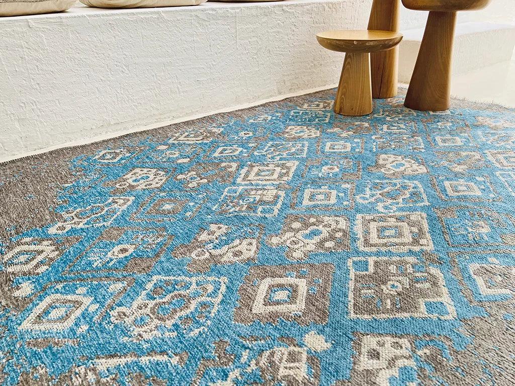 Mavi Gri Çift Taraflı Modern Vintage Yıkanabilir Antibakteriyel Halı-Pera Halı