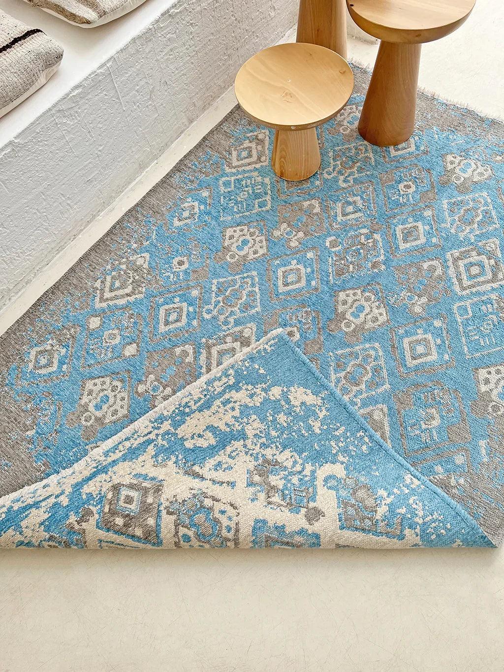 Mavi Gri Çift Taraflı Modern Vintage Yıkanabilir Antibakteriyel Halı-Pera Halı