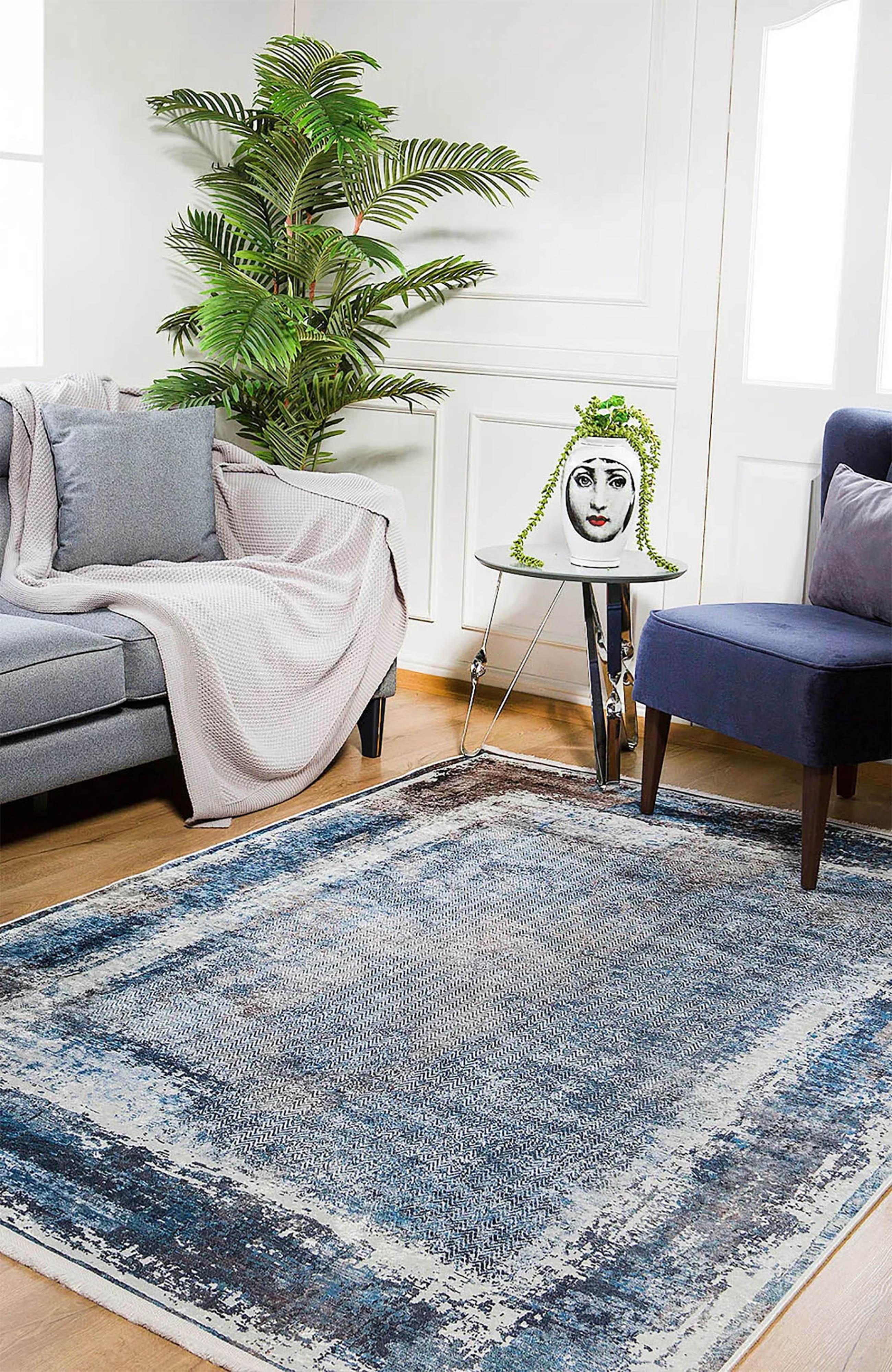 Mavi Gri Eskitme Çerçeveli Modern Halı-Pera Halı