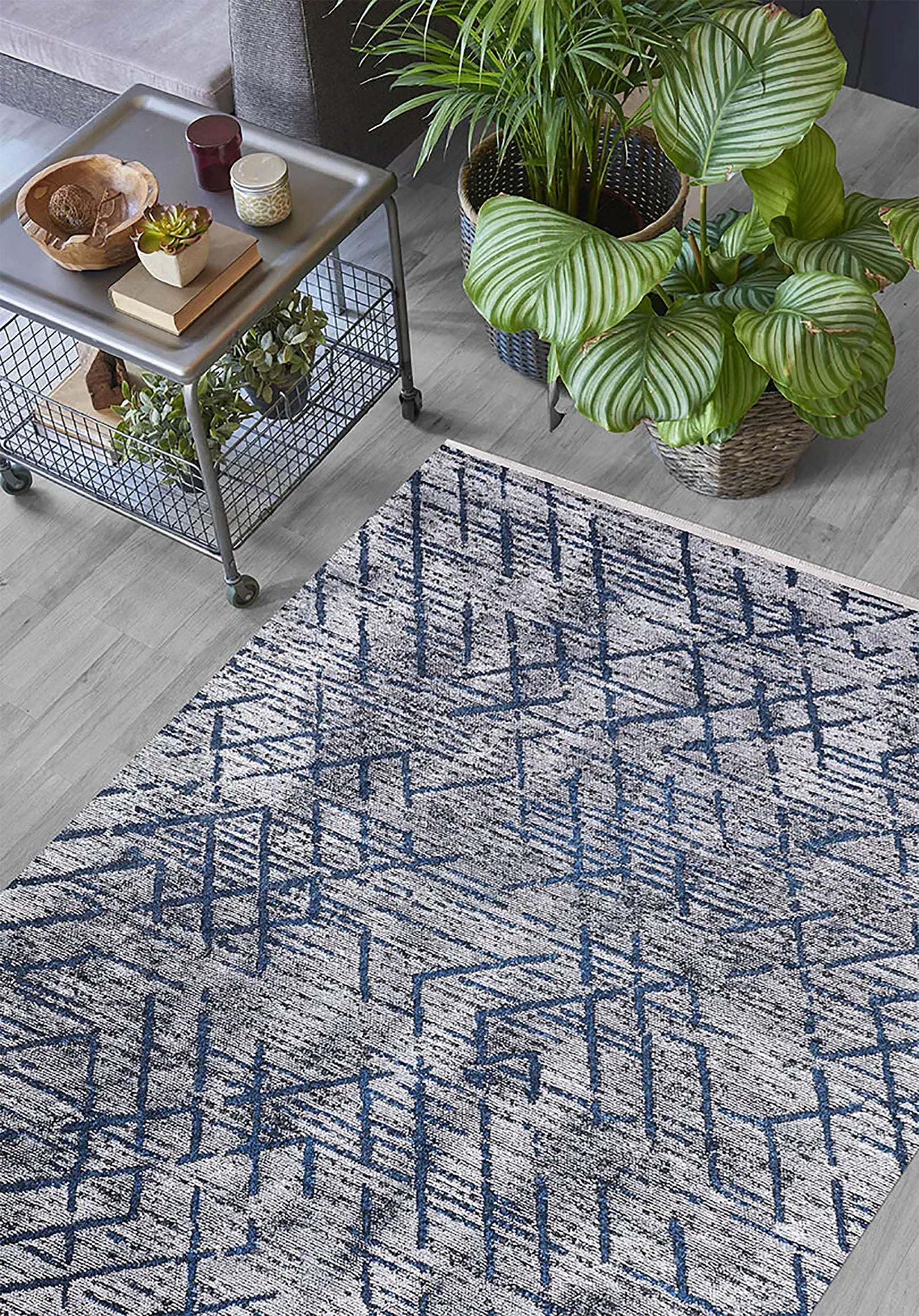 Mavi Gri Tonlu Çapraz Desenli Modern Halı-Pera Halı