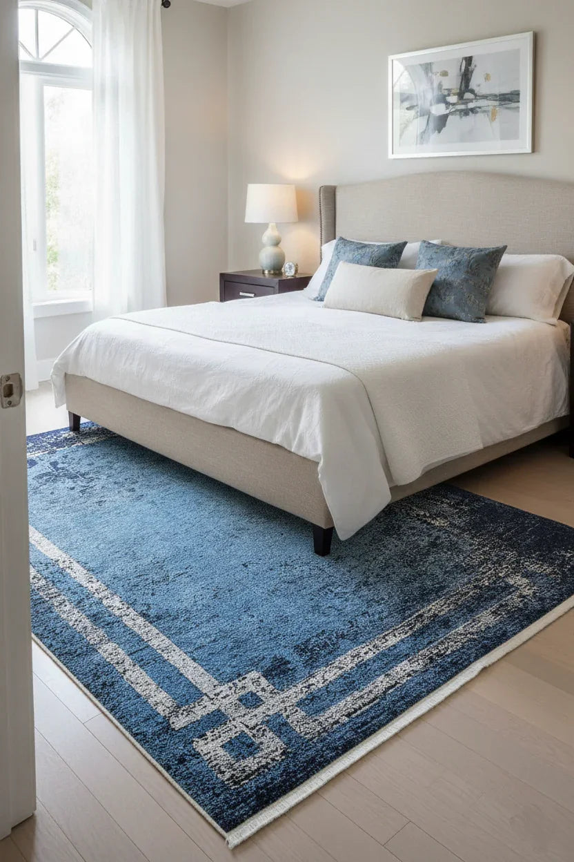 Mavi Lacivert Eskitme Geometrik Bordürlü Modern Halı-Pera Halı